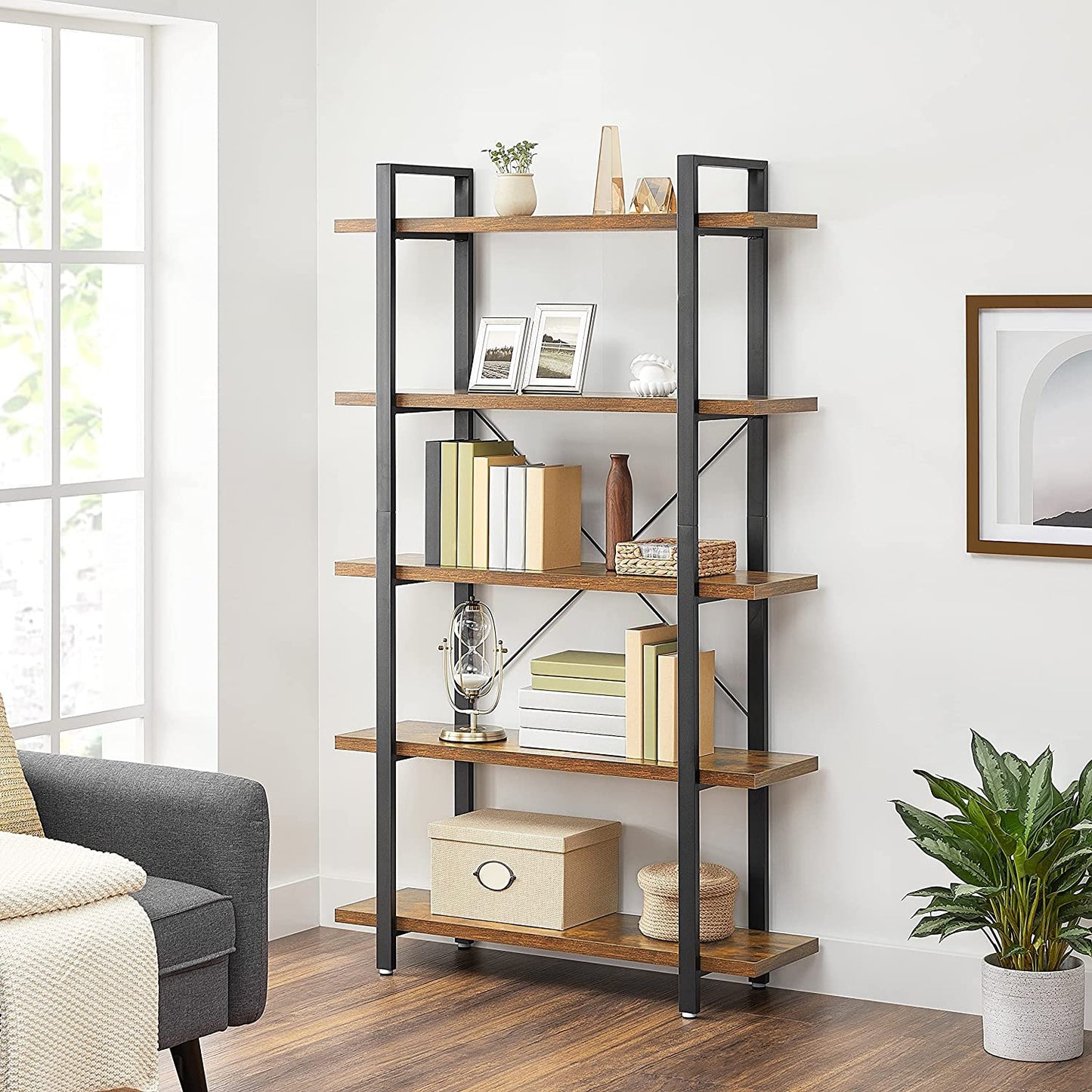 Bookshelf, 5-Tier Industrial Stable Bookcase, Storage Rack, Standing Shelf, Easy Assembly, Living Room, Bedroom, Office, Rustic Brown and Black LLS55BX