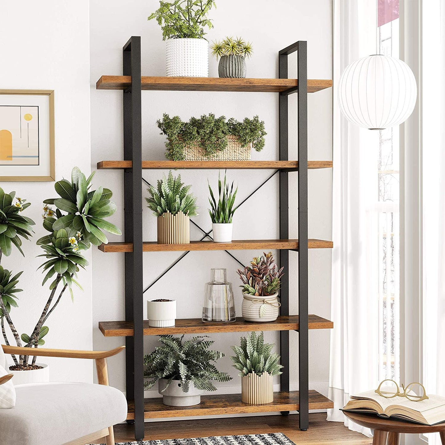 Bookshelf, 5-Tier Industrial Stable Bookcase, Storage Rack, Standing Shelf, Easy Assembly, Living Room, Bedroom, Office, Rustic Brown and Black LLS55BX