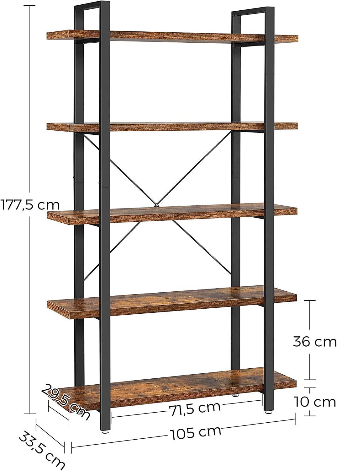 Bookshelf, 5-Tier Industrial Stable Bookcase, Storage Rack, Standing Shelf, Easy Assembly, Living Room, Bedroom, Office, Rustic Brown and Black LLS55BX