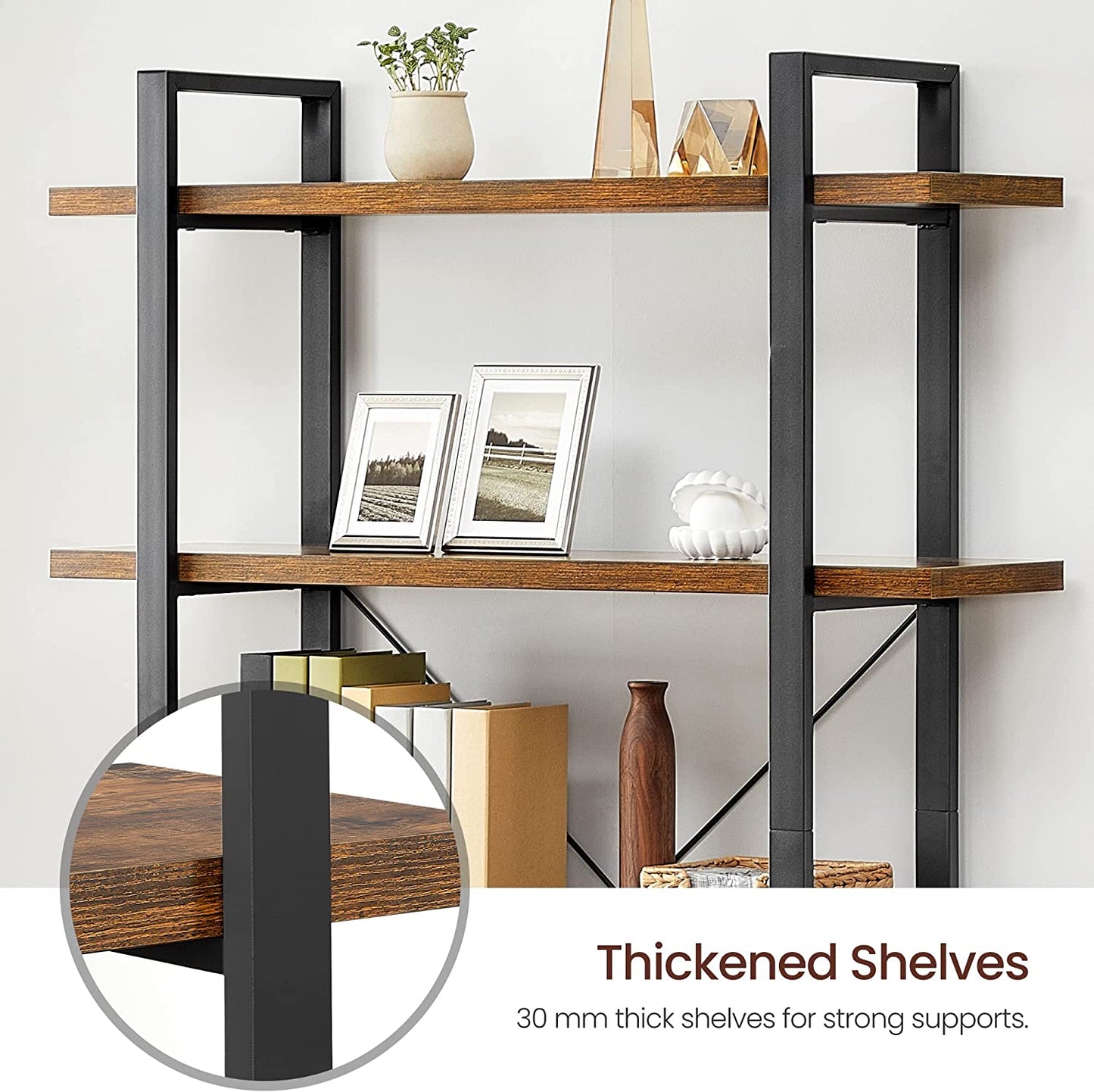 Bookshelf, 5-Tier Industrial Stable Bookcase, Storage Rack, Standing Shelf, Easy Assembly, Living Room, Bedroom, Office, Rustic Brown and Black LLS55BX