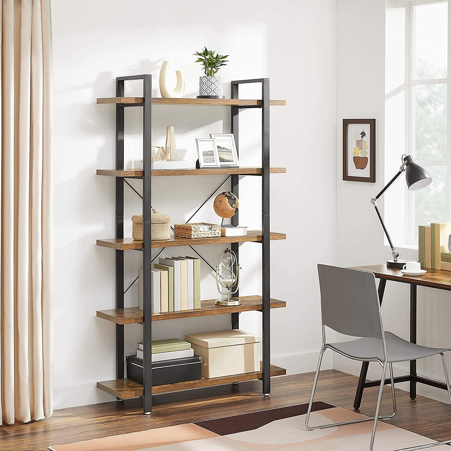 Bookshelf, 5-Tier Industrial Stable Bookcase, Storage Rack, Standing Shelf, Easy Assembly, Living Room, Bedroom, Office, Rustic Brown and Black LLS55BX