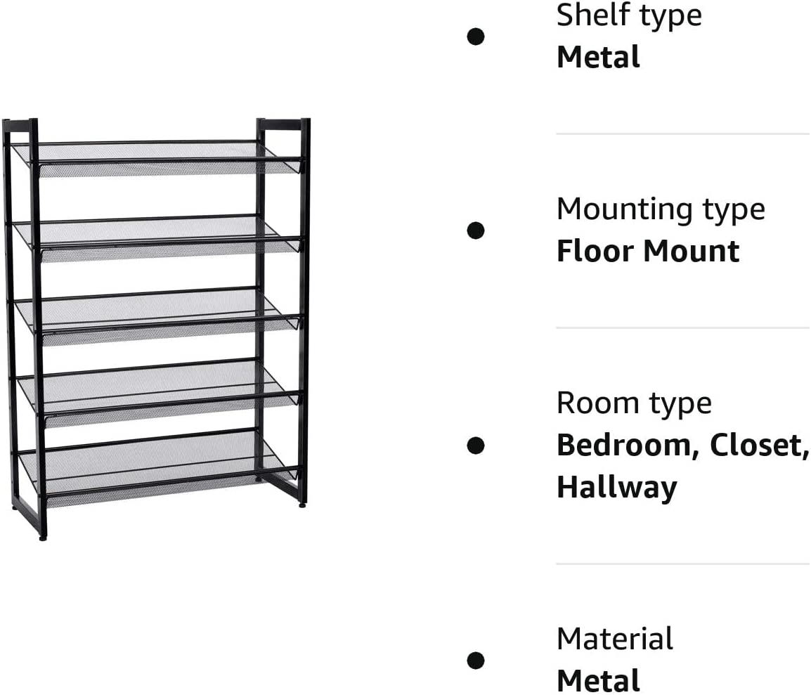 5 Tier Metal Mesh Shoe Rack with Flat Angled Shelves, Large Stackable and Adjustable Boots Storage Organiser in Hallway Closet , Black