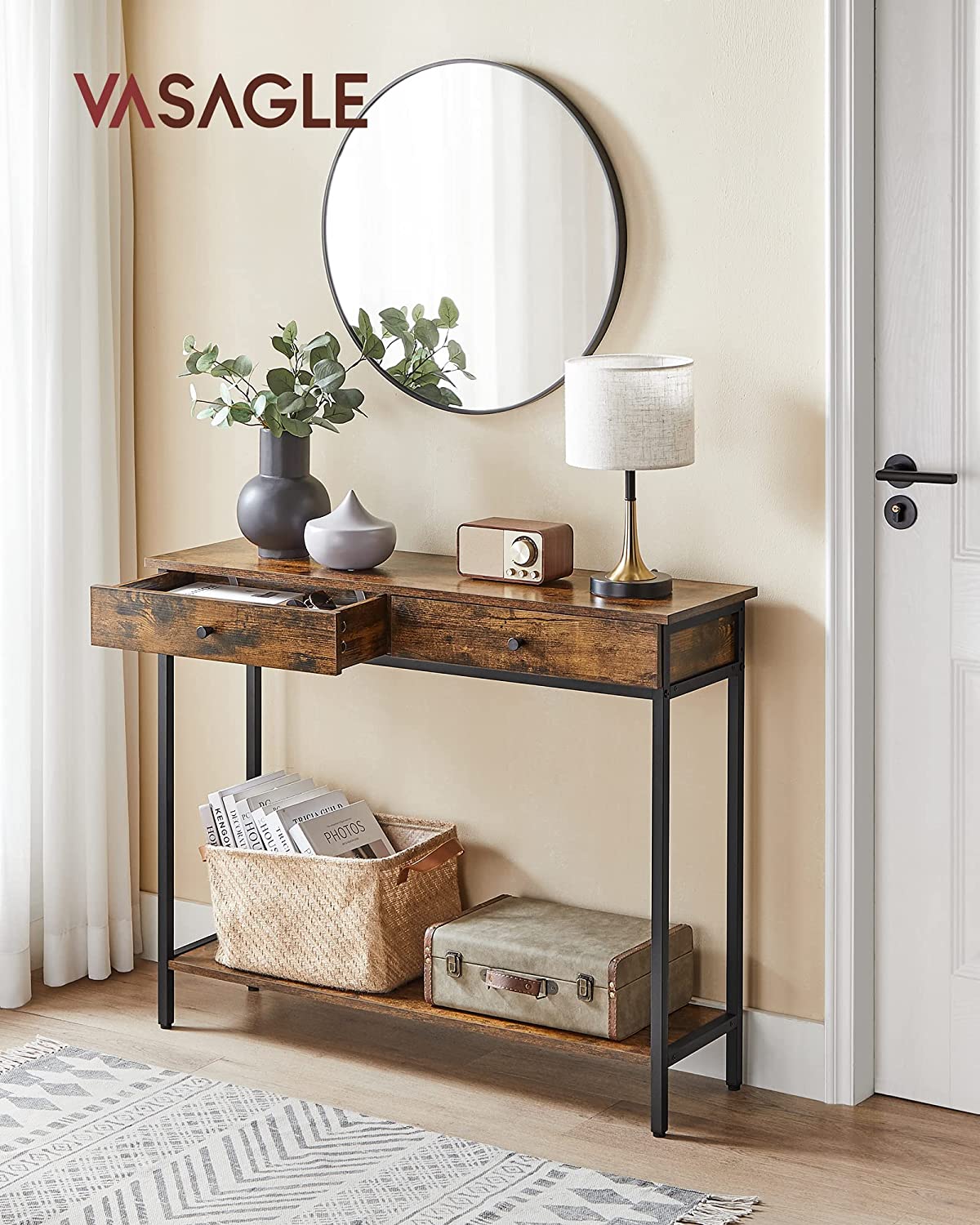 Console Table, Hallway Table, Side Table, Sofa Table with 2 Drawers, Steel Frame, Hallway, Living Room, Industrial Design, Vintage Brown/Black