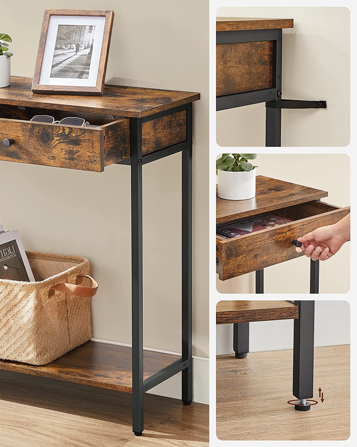 Console Table, Hallway Table, Side Table, Sofa Table with 2 Drawers, Steel Frame, Hallway, Living Room, Industrial Design, Vintage Brown/Black