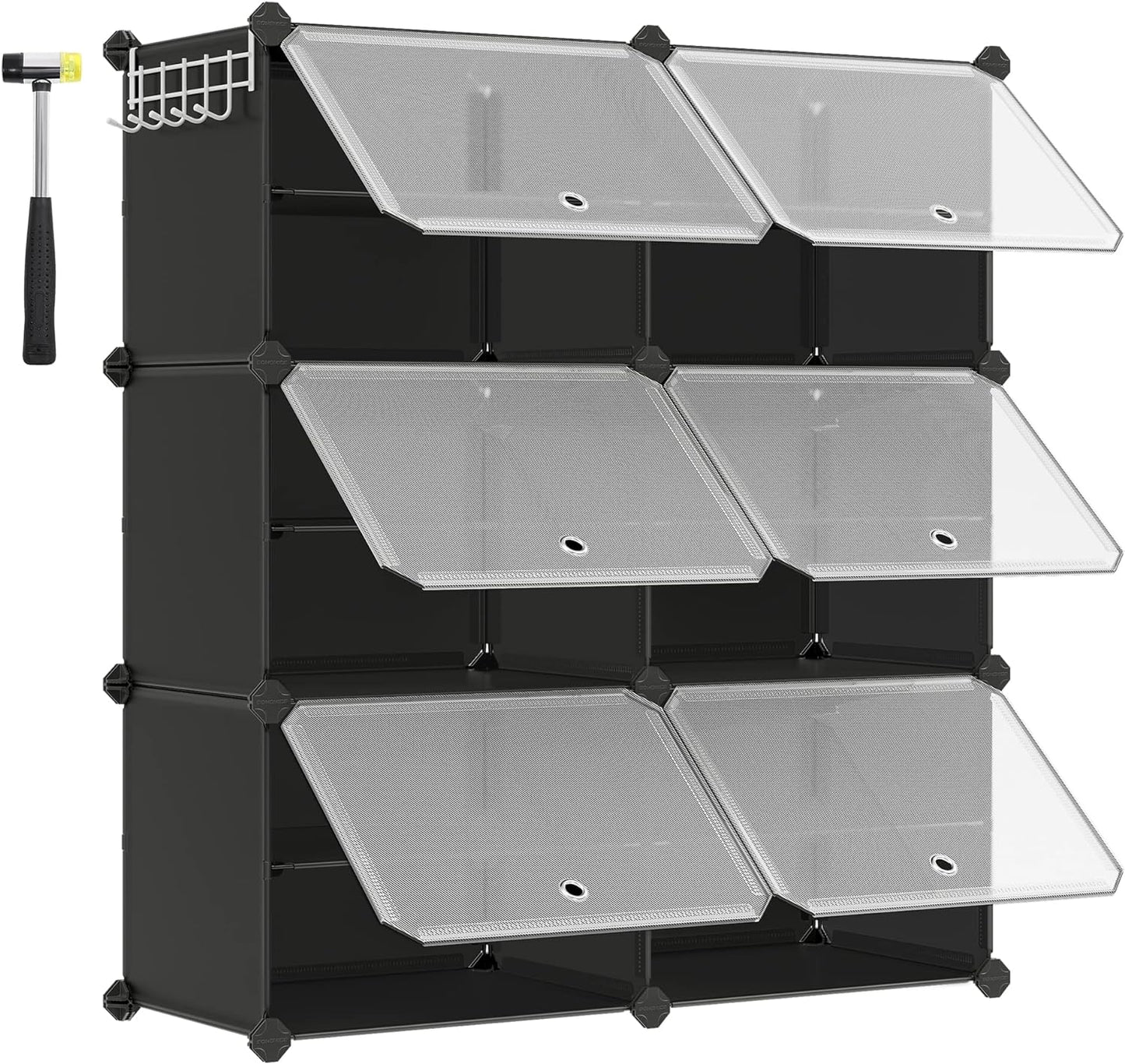 Interlocking Shoe Rack, Plastic Shoe Storage Cabinet, 6-Slot Modular Storage Organiser Unit, 30 x 40 x 30 cm for Each Slot, with Doors, Steel Frame, Plastic Panels, Black