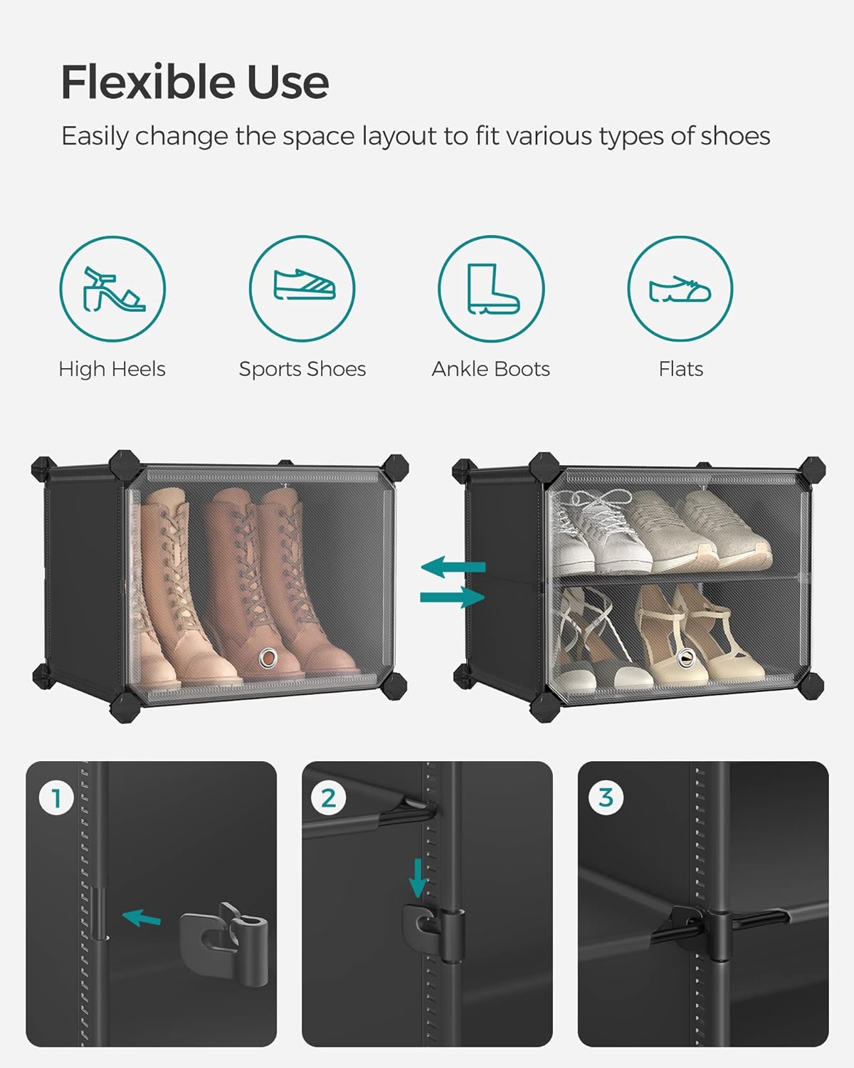 Interlocking Shoe Rack, Plastic Shoe Storage Cabinet, 6-Slot Modular Storage Organiser Unit, 30 x 40 x 30 cm for Each Slot, with Doors, Steel Frame, Plastic Panels, Black