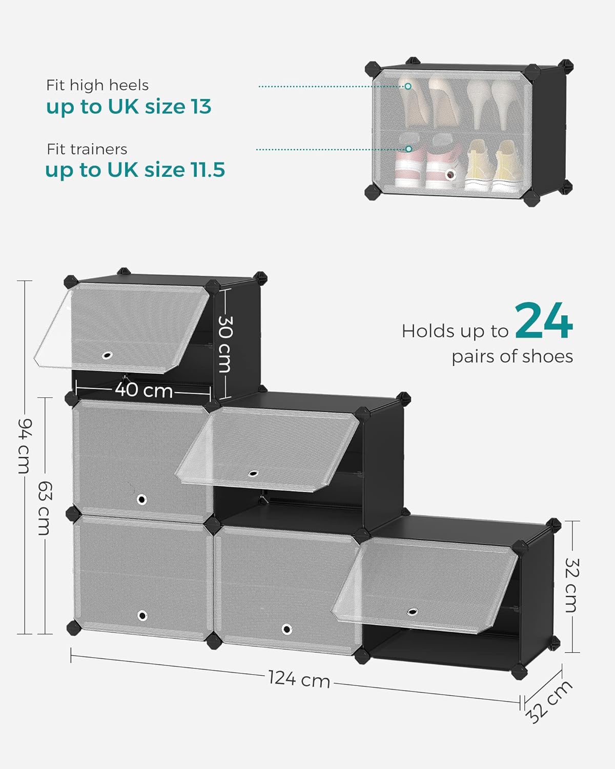 Interlocking Shoe Rack, Plastic Shoe Storage Cabinet, 6-Slot Modular Storage Organiser Unit, 30 x 40 x 30 cm for Each Slot, with Doors, Steel Frame, Plastic Panels, Black