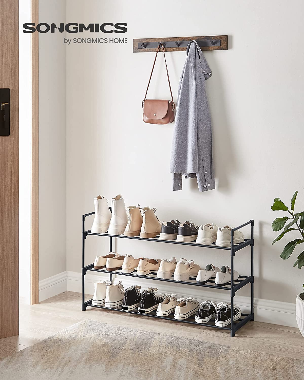 3-Tier Shoe Rack, Shoe Storage Organiser, Metal Storage Rack, Fits 12 to 15 Pairs of Shoes, Stackable Shoe Shelf, for Hallway, Living Room, Bedroom, Cloakroom, 30 x 92 x 54 cm, Black