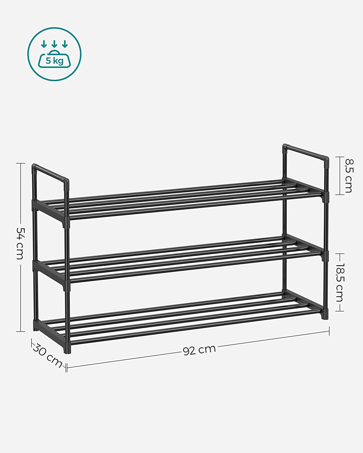 3-Tier Shoe Rack, Shoe Storage Organiser, Metal Storage Rack, Fits 12 to 15 Pairs of Shoes, Stackable Shoe Shelf, for Hallway, Living Room, Bedroom, Cloakroom, 30 x 92 x 54 cm, Black