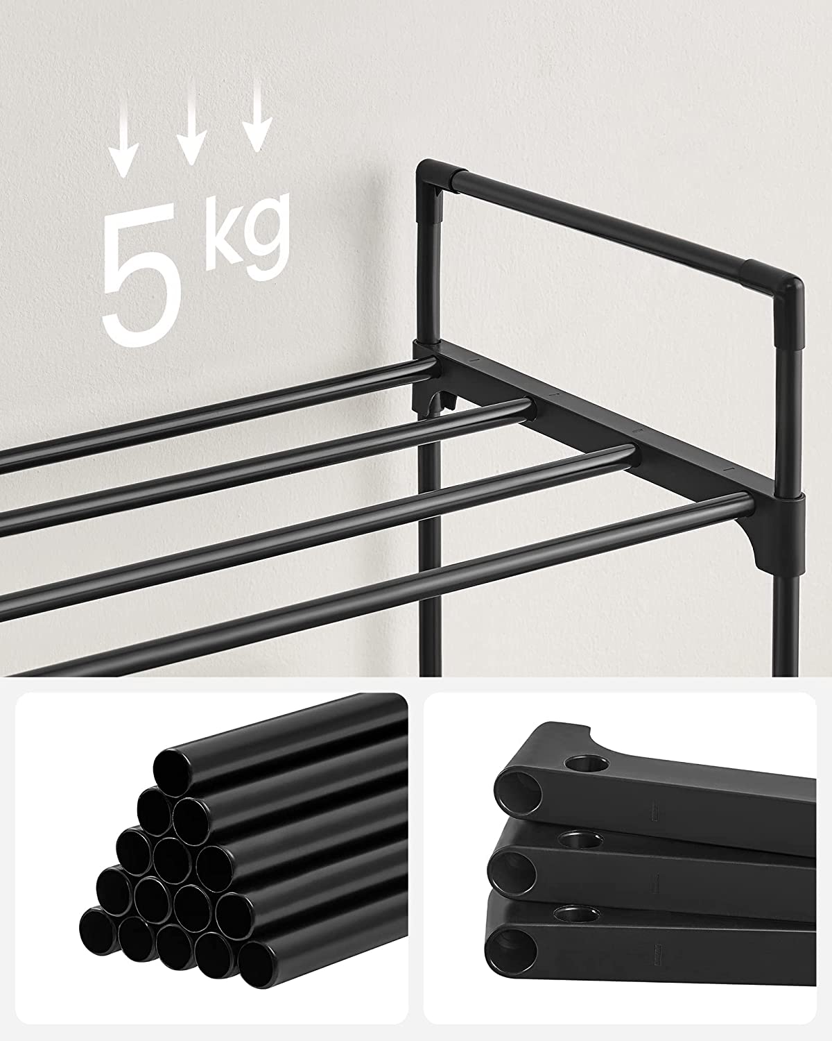 3-Tier Shoe Rack, Shoe Storage Organiser, Metal Storage Rack, Fits 12 to 15 Pairs of Shoes, Stackable Shoe Shelf, for Hallway, Living Room, Bedroom, Cloakroom, 30 x 92 x 54 cm, Black