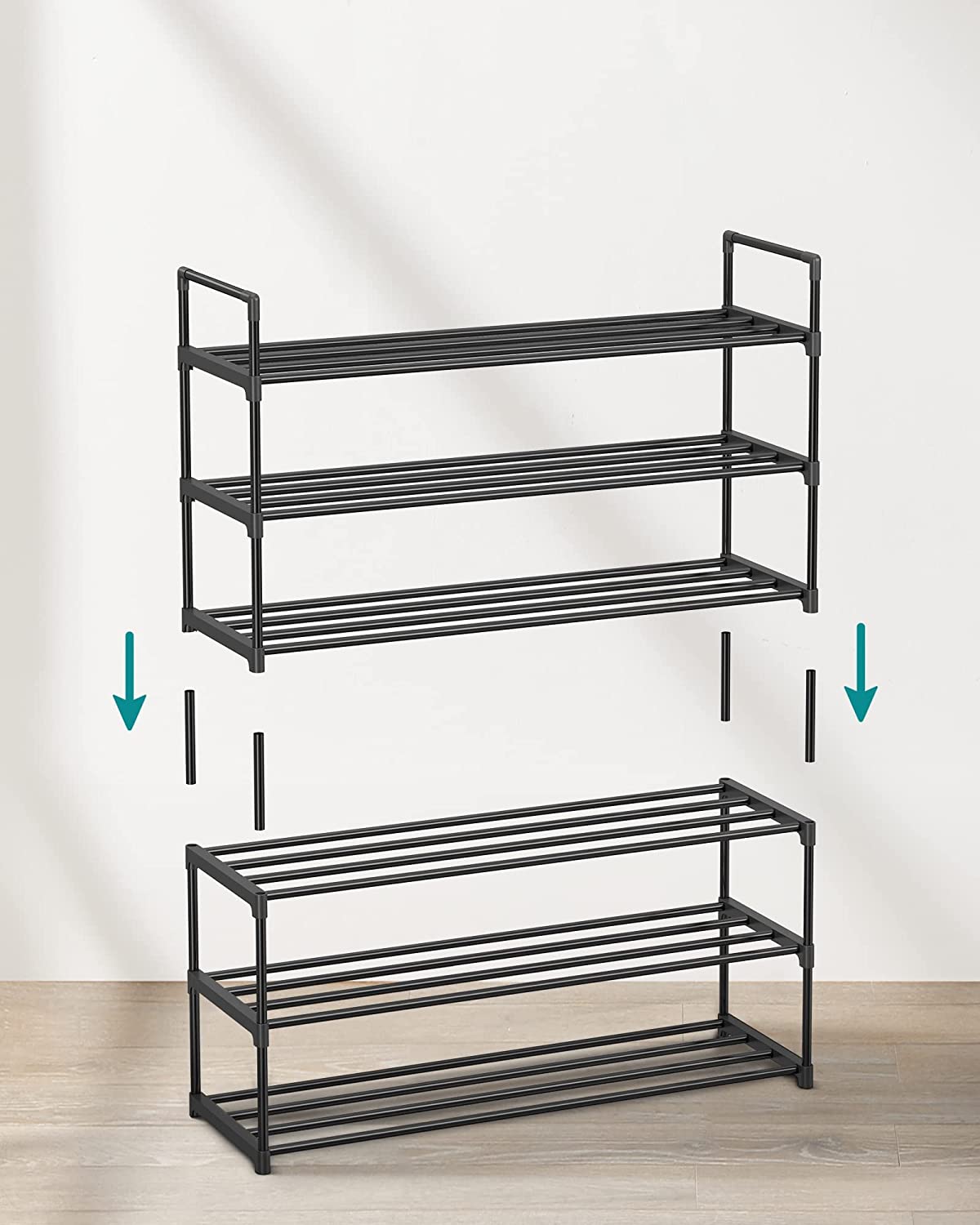 3-Tier Shoe Rack, Shoe Storage Organiser, Metal Storage Rack, Fits 12 to 15 Pairs of Shoes, Stackable Shoe Shelf, for Hallway, Living Room, Bedroom, Cloakroom, 30 x 92 x 54 cm, Black