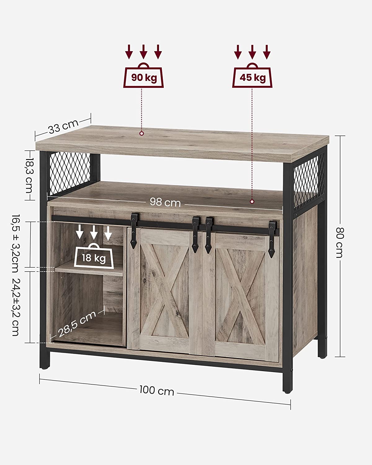 Sideboard, Kitchen Cabinet, Storage Cabinet with 2 Sliding Doors, 33 x 100 x 80 cm, Adjustable Shelves, Country Style, for Living Room, Grey Black