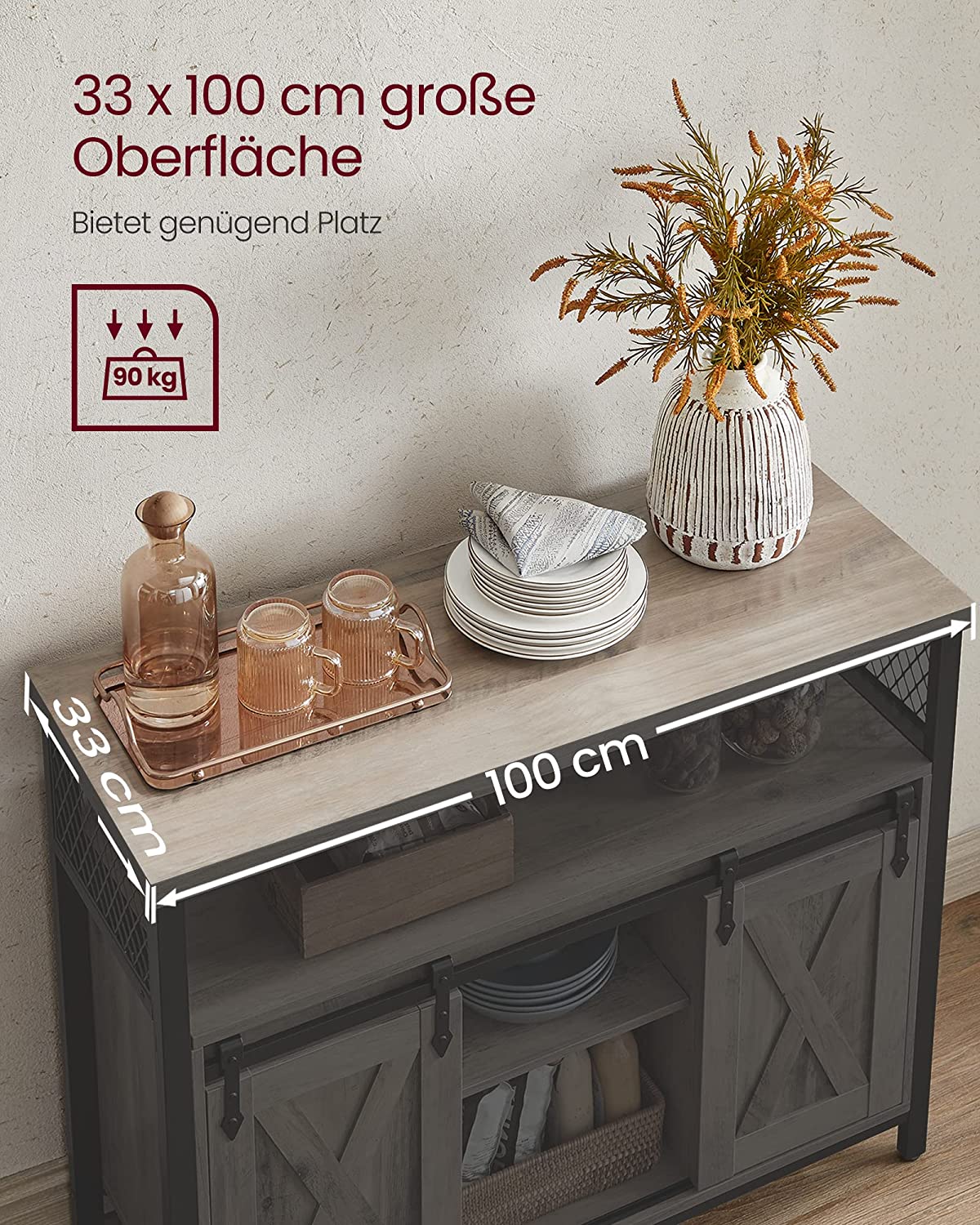 Sideboard, Kitchen Cabinet, Storage Cabinet with 2 Sliding Doors, 33 x 100 x 80 cm, Adjustable Shelves, Country Style, for Living Room, Grey Black