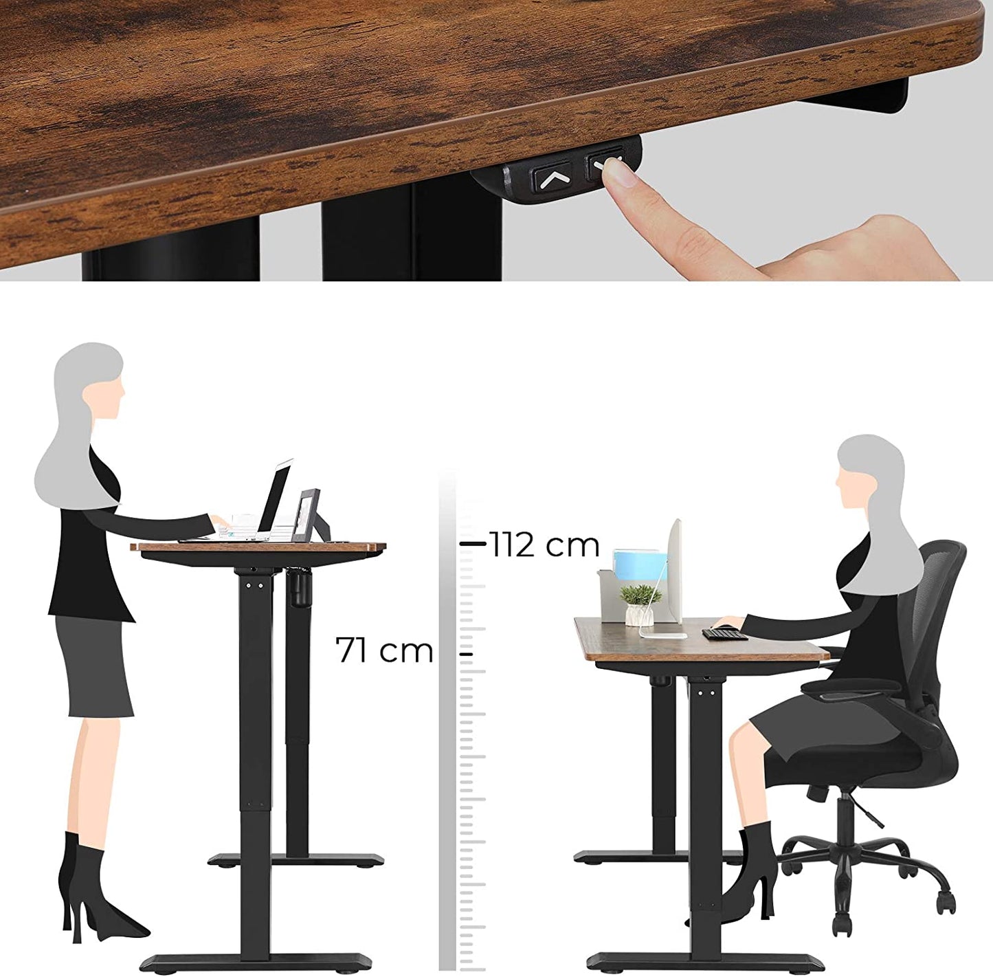 Electric Standing Desk Frame with Motorized Height Adjustment, Adjustable Length, Steel, Black