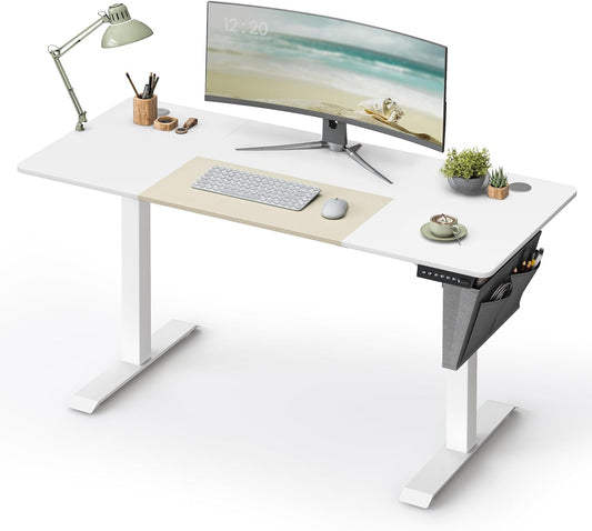 Height-Adjustable Electric Desk, 60 x 140 x (72-120), Fully Adjustable, Spliced Top, Memory Function with 4 Heights, Base White/Beige