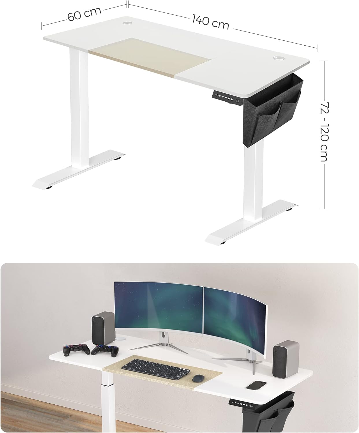 Height-Adjustable Electric Desk, 60 x 140 x (72-120), Fully Adjustable, Spliced Top, Memory Function with 4 Heights, Base White/Beige