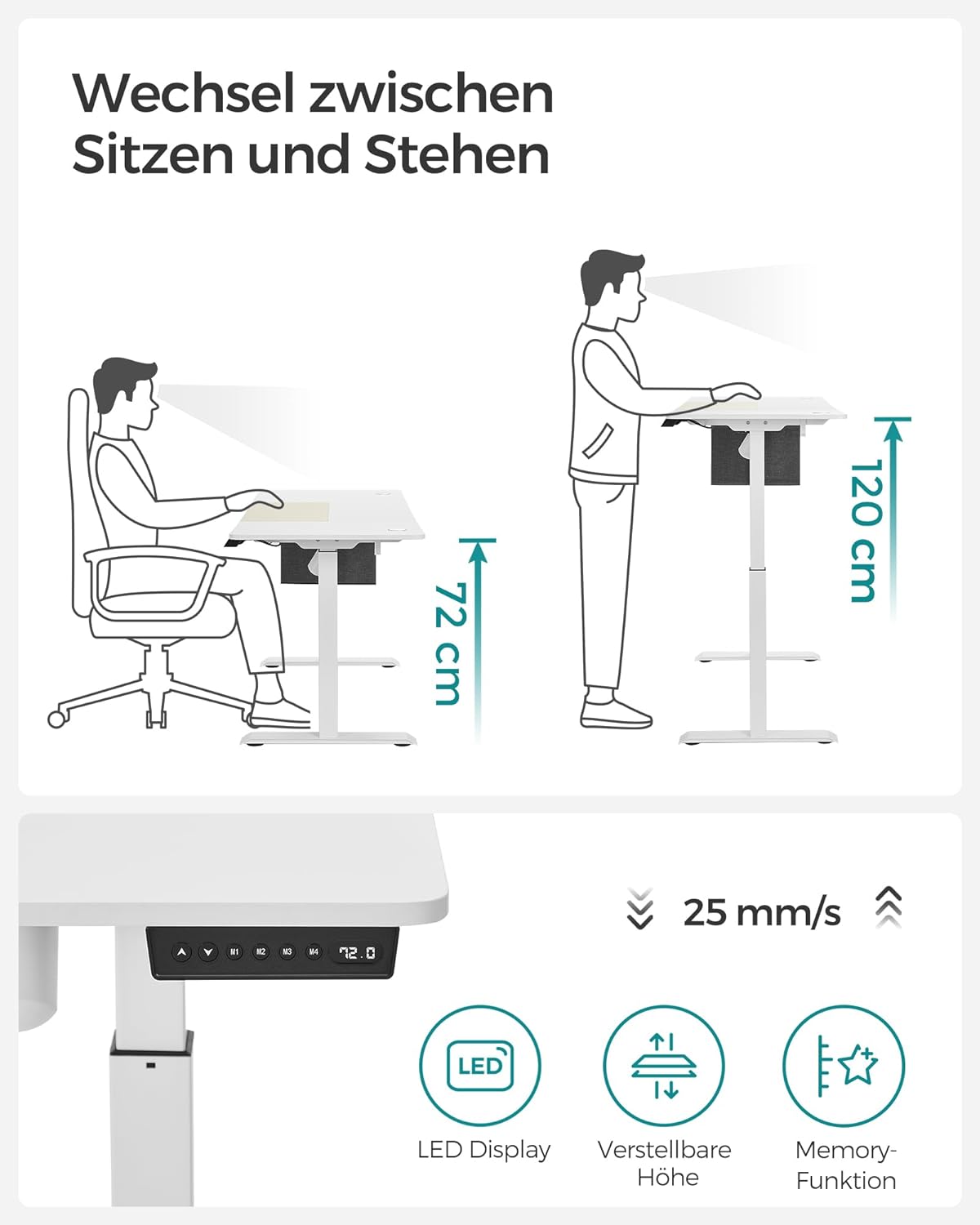 Height-Adjustable Electric Desk, 60 x 140 x (72-120), Fully Adjustable, Spliced Top, Memory Function with 4 Heights, Base White/Beige