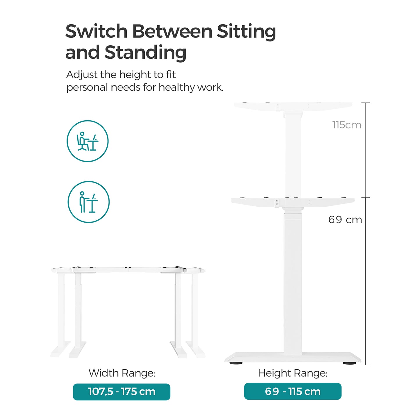 Height-adjustable electric desk, desk stand, double motor, with hook, infinitely adjustable, memory function, steel, white