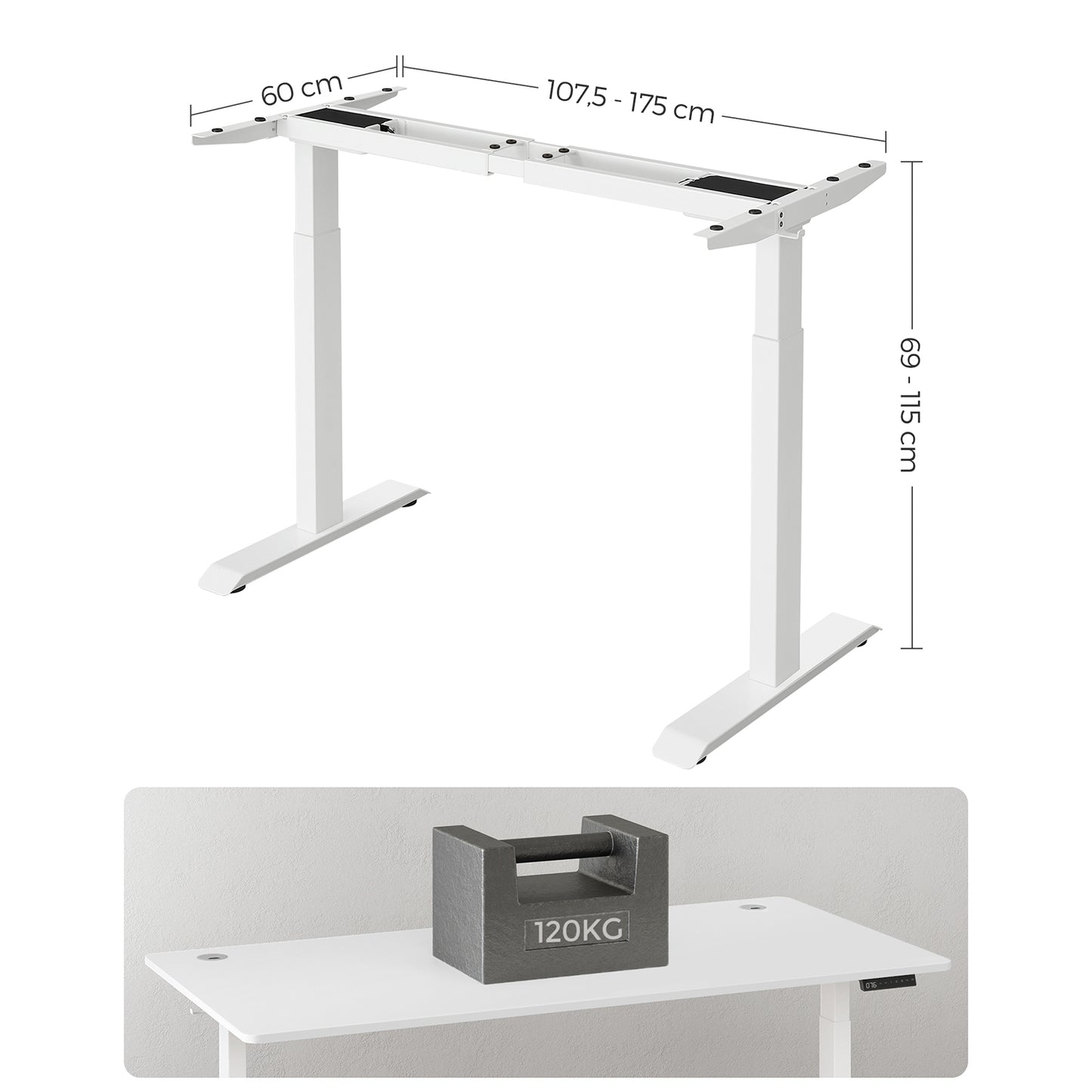 Height-adjustable electric desk, desk stand, double motor, with hook, infinitely adjustable, memory function, steel, white