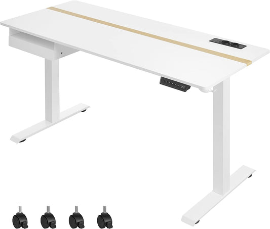 Electric Height Adjustable Desk with Socket and Drawer, 60 x 140 cm, Table Surface Continuously Adjustable Memory Function with 4 Heights White