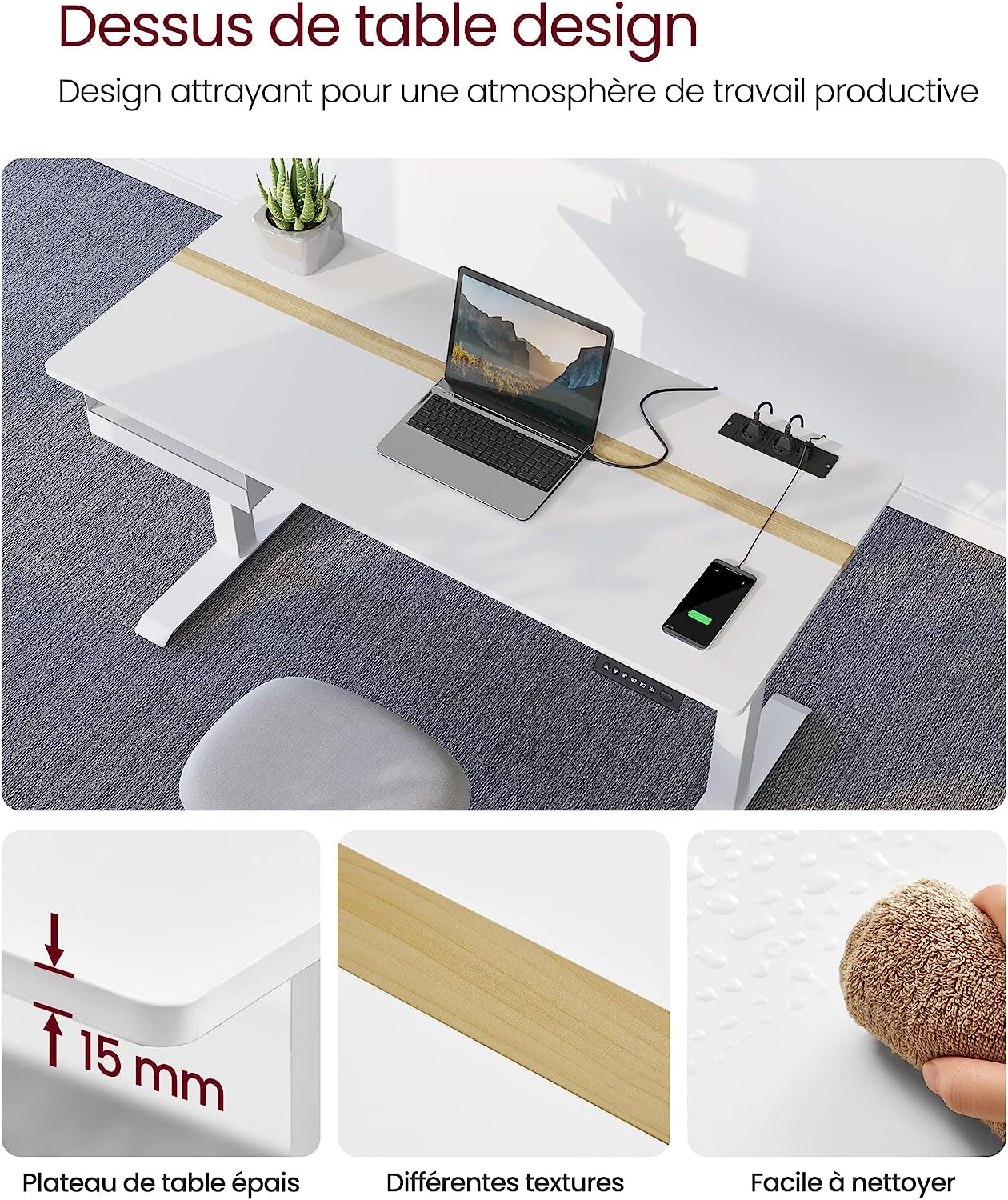 Electric Height Adjustable Desk with Socket and Drawer, 60 x 140 cm, Table Surface Continuously Adjustable Memory Function with 4 Heights White