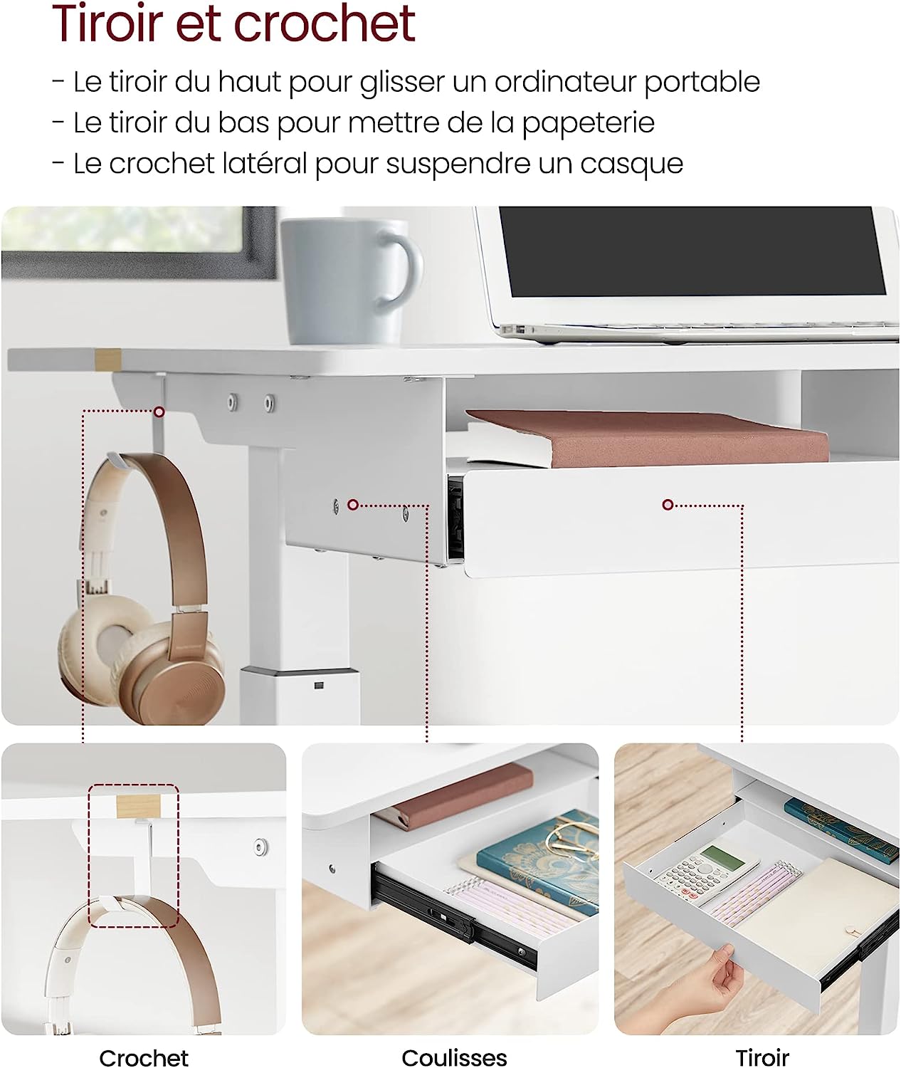 Electric Height Adjustable Desk with Socket and Drawer, 60 x 140 cm, Table Surface Continuously Adjustable Memory Function with 4 Heights White