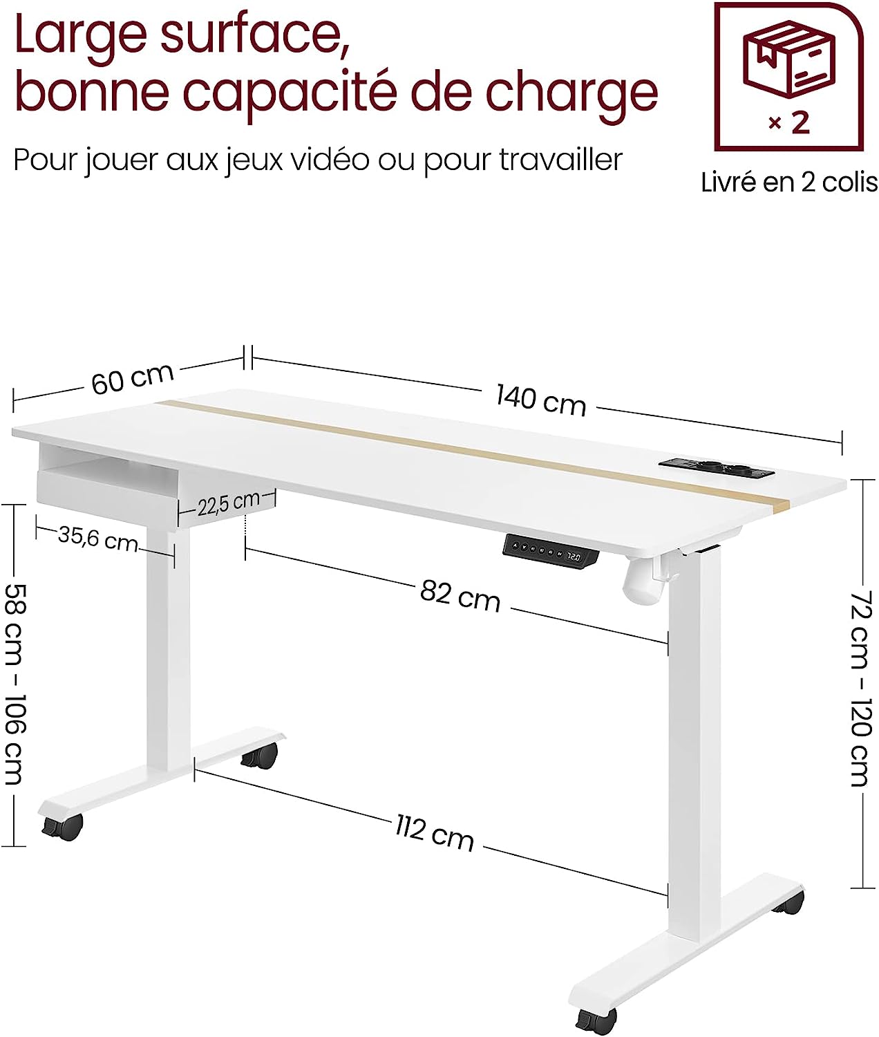 Electric Height Adjustable Desk with Socket and Drawer, 60 x 140 cm, Table Surface Continuously Adjustable Memory Function with 4 Heights White