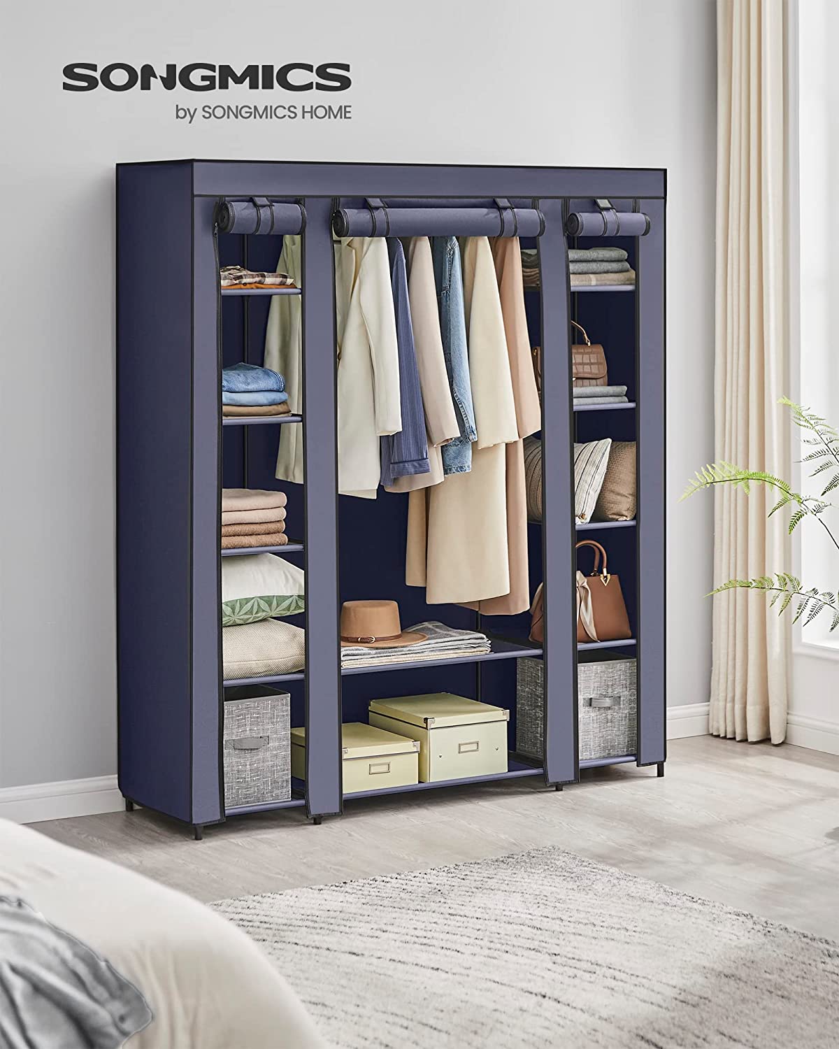 Fabric Wardrobe, Portable Wardrobe for Bedroom, Clothes Rail with Non-Woven Fabric Cover, Clothes Storage Organiser, 45 x 150 x 175 cm, 12 Compartments, Metal Frame, Navy Blue LSF003I0