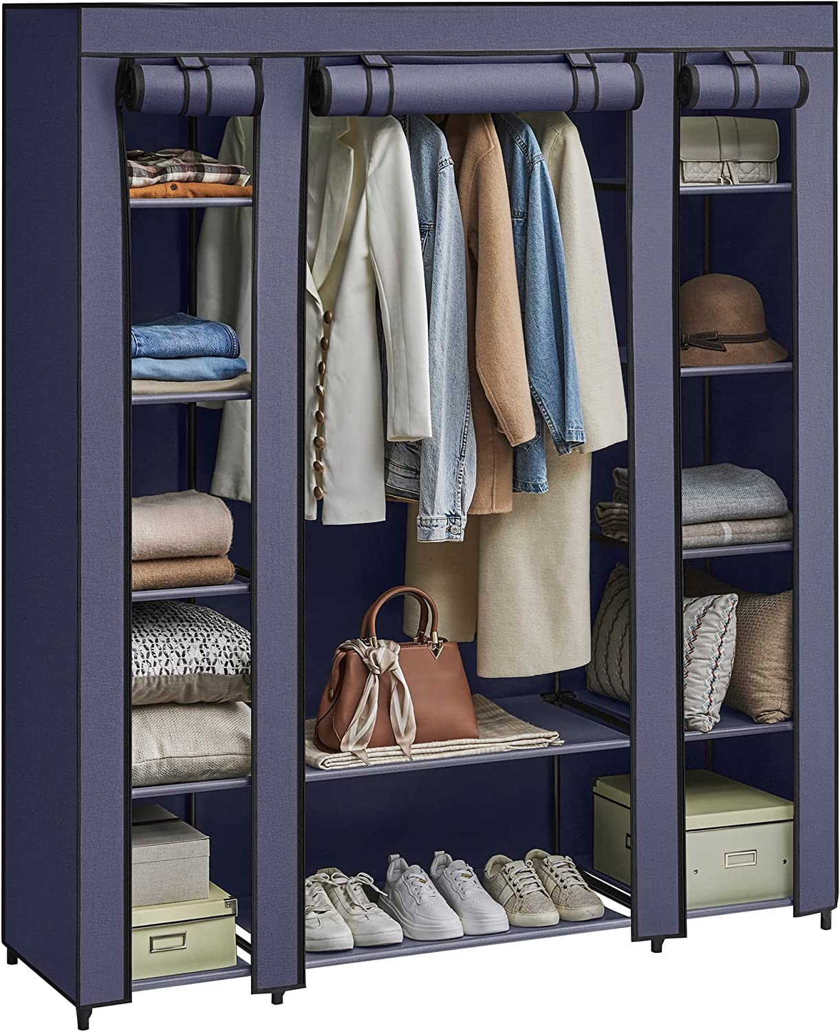 Fabric Wardrobe, Portable Wardrobe for Bedroom, Clothes Rail with Non-Woven Fabric Cover, Clothes Storage Organiser, 45 x 150 x 175 cm, 12 Compartments, Metal Frame, Navy Blue LSF003I0