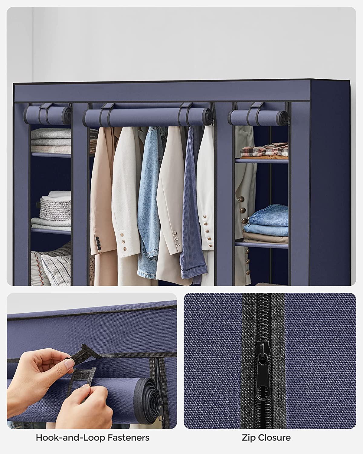 Fabric Wardrobe, Portable Wardrobe for Bedroom, Clothes Rail with Non-Woven Fabric Cover, Clothes Storage Organiser, 45 x 150 x 175 cm, 12 Compartments, Metal Frame, Navy Blue LSF003I0