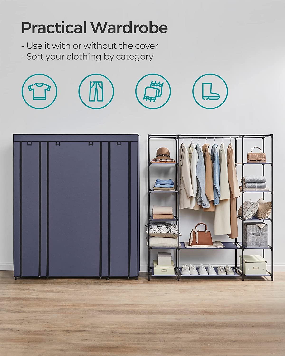 Fabric Wardrobe, Portable Wardrobe for Bedroom, Clothes Rail with Non-Woven Fabric Cover, Clothes Storage Organiser, 45 x 150 x 175 cm, 12 Compartments, Metal Frame, Navy Blue LSF003I0