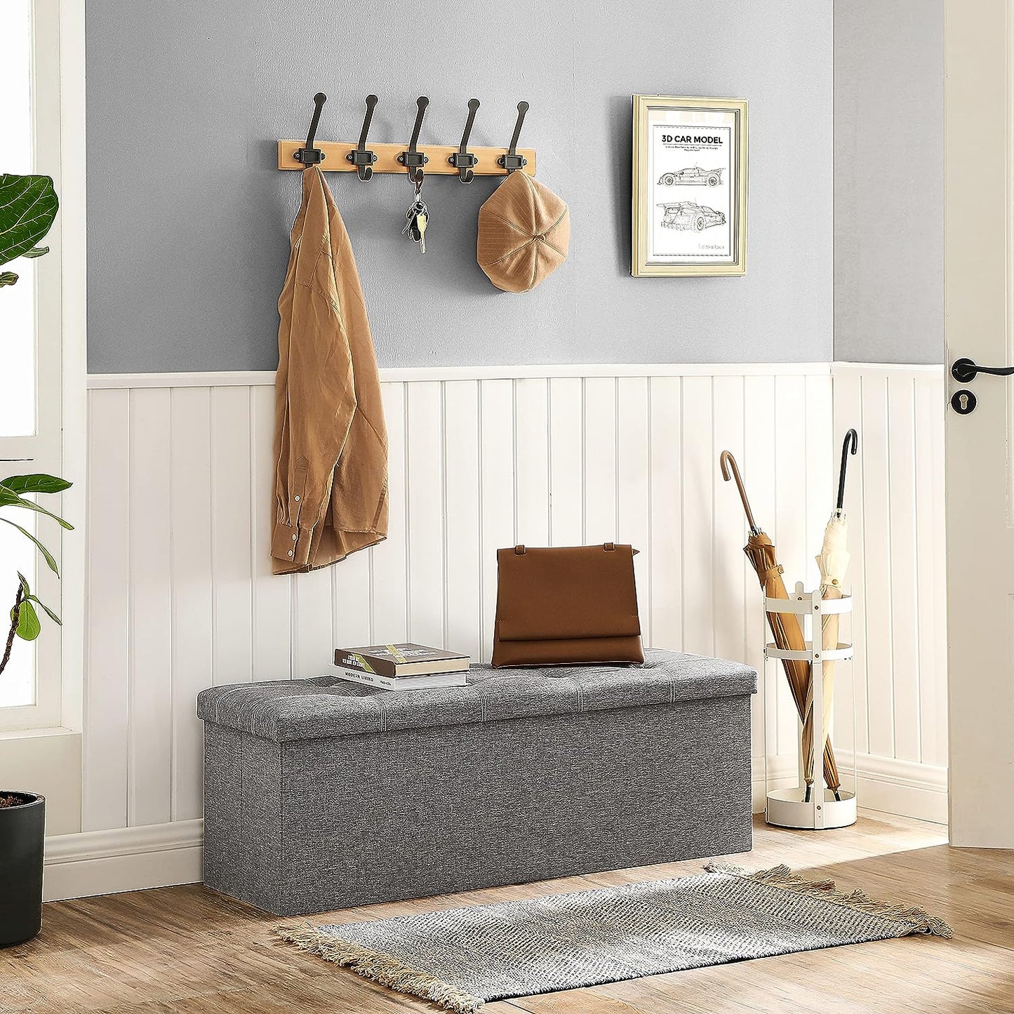 Bench with Storage Space, Chest, Foldable, 110 x 38 x 38 cm, Imitation Linen Cover, for Bedroom, Hallway, Living Room, Light Grey