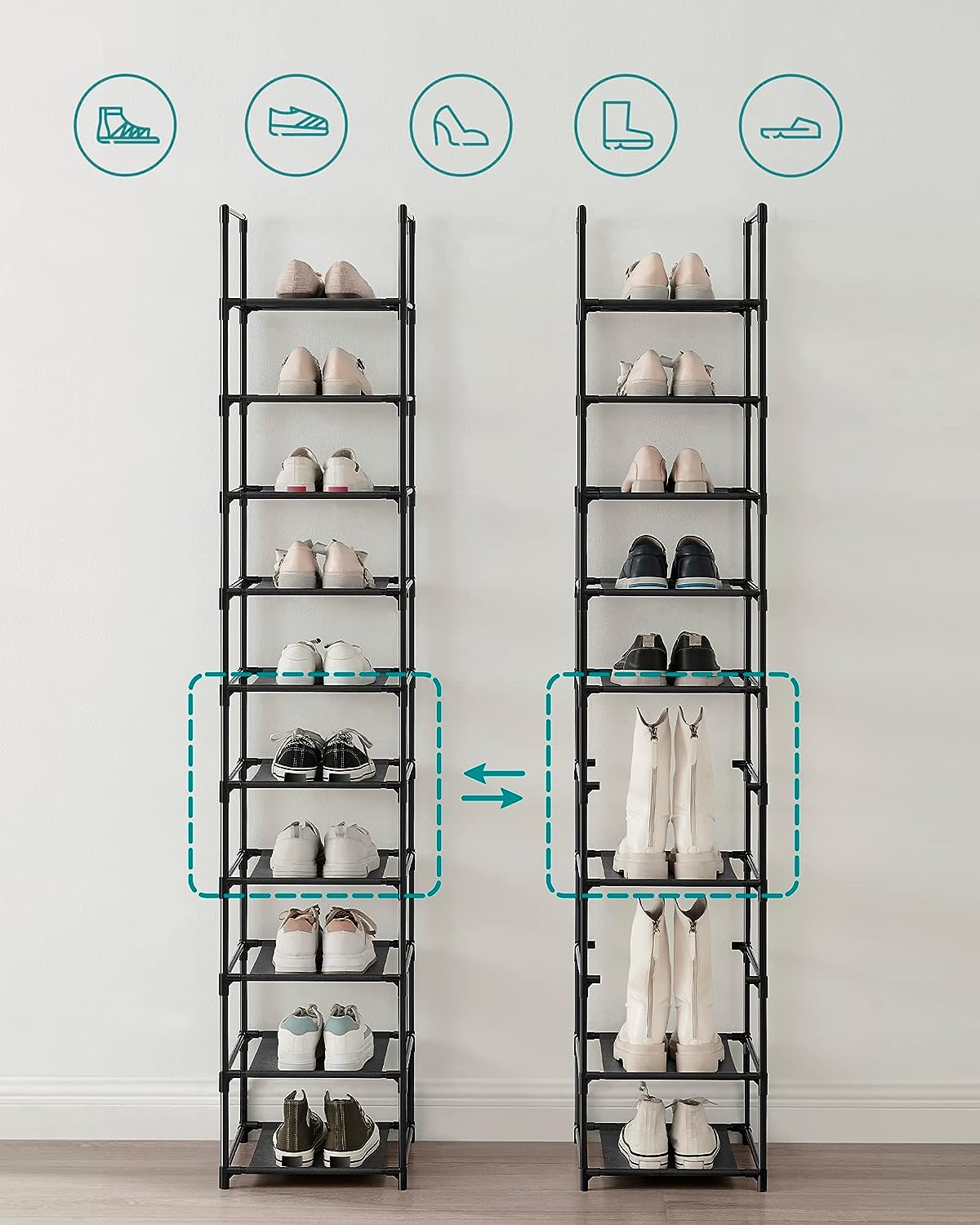 10-Tier Shoe Rack, Shoe Stand, Space-Saving Shoe Storage, 33 x 33 x 173 cm, Metal Frame, Non-Woven Fabric Shelves, for Hallway, Bedroom, Black