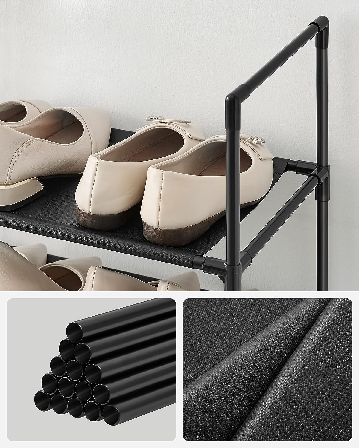 10-Tier Shoe Rack, Shoe Stand, Space-Saving Shoe Storage, 33 x 33 x 173 cm, Metal Frame, Non-Woven Fabric Shelves, for Hallway, Bedroom, Black