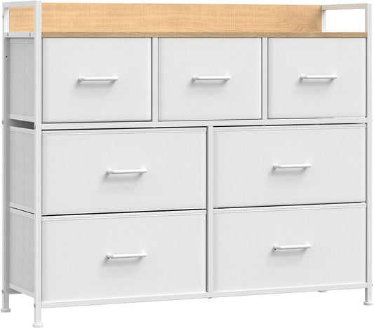 Chest of Drawers, Closet, Storage Unit, 7 Drawers in Fabric with Handles, Metal Frame, Modern Style, White and Wood Colour