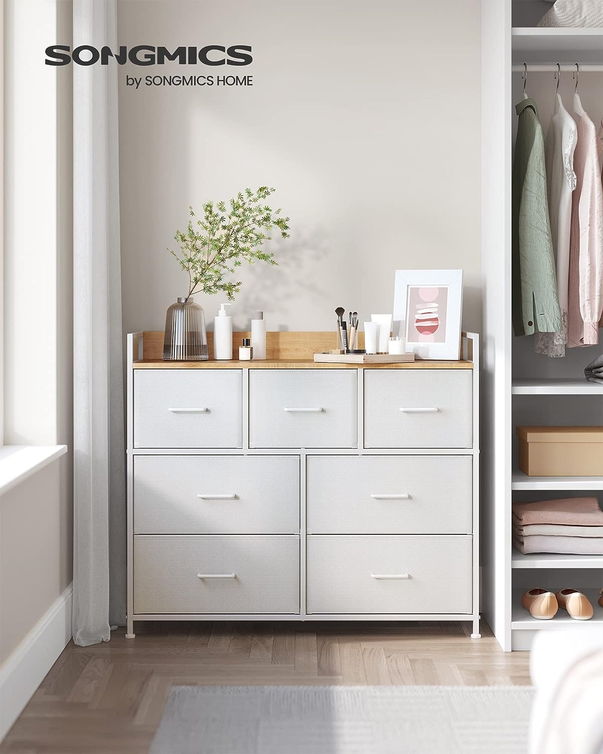 Chest of Drawers, Closet, Storage Unit, 7 Drawers in Fabric with Handles, Metal Frame, Modern Style, White and Wood Colour