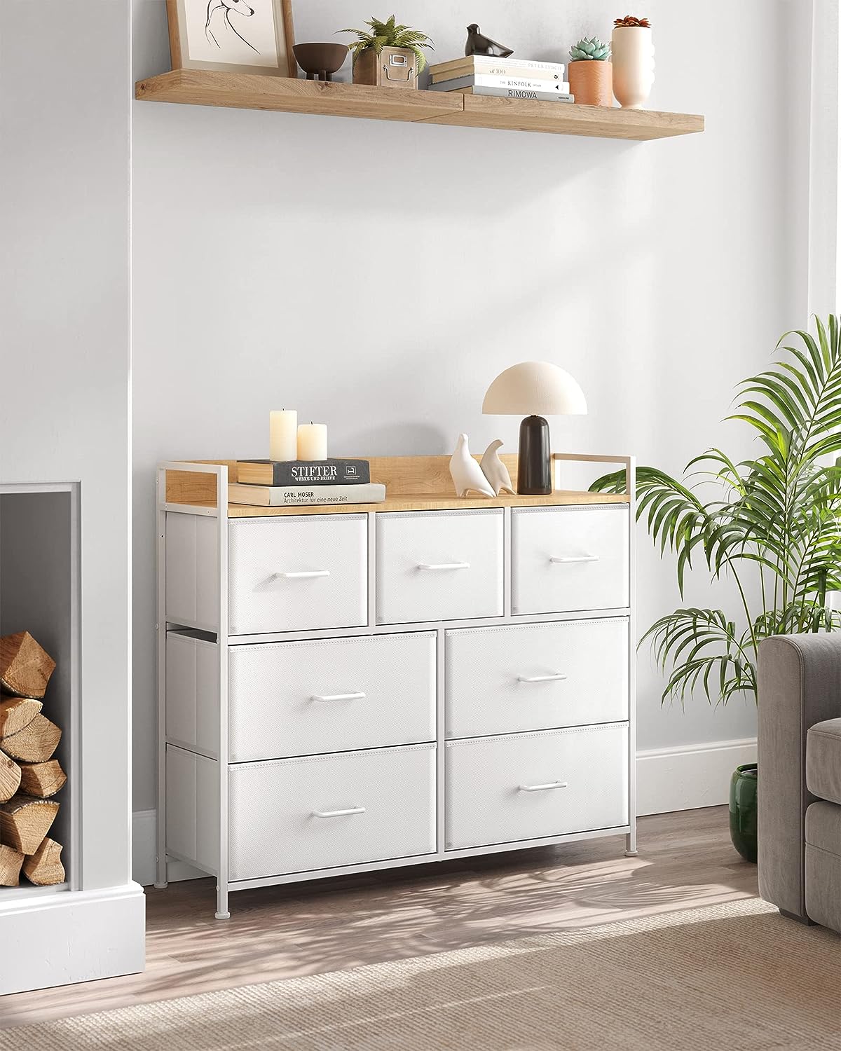 Chest of Drawers, Closet, Storage Unit, 7 Drawers in Fabric with Handles, Metal Frame, Modern Style, White and Wood Colour