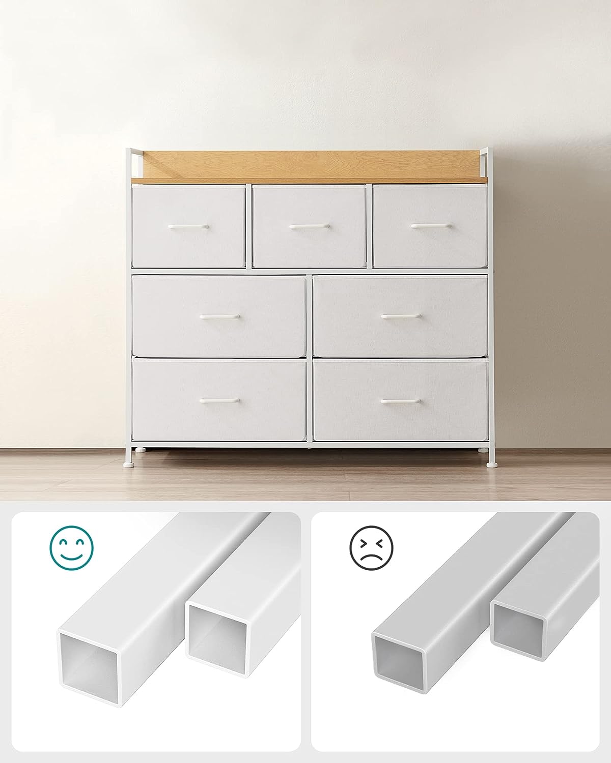 Chest of Drawers, Closet, Storage Unit, 7 Drawers in Fabric with Handles, Metal Frame, Modern Style, White and Wood Colour