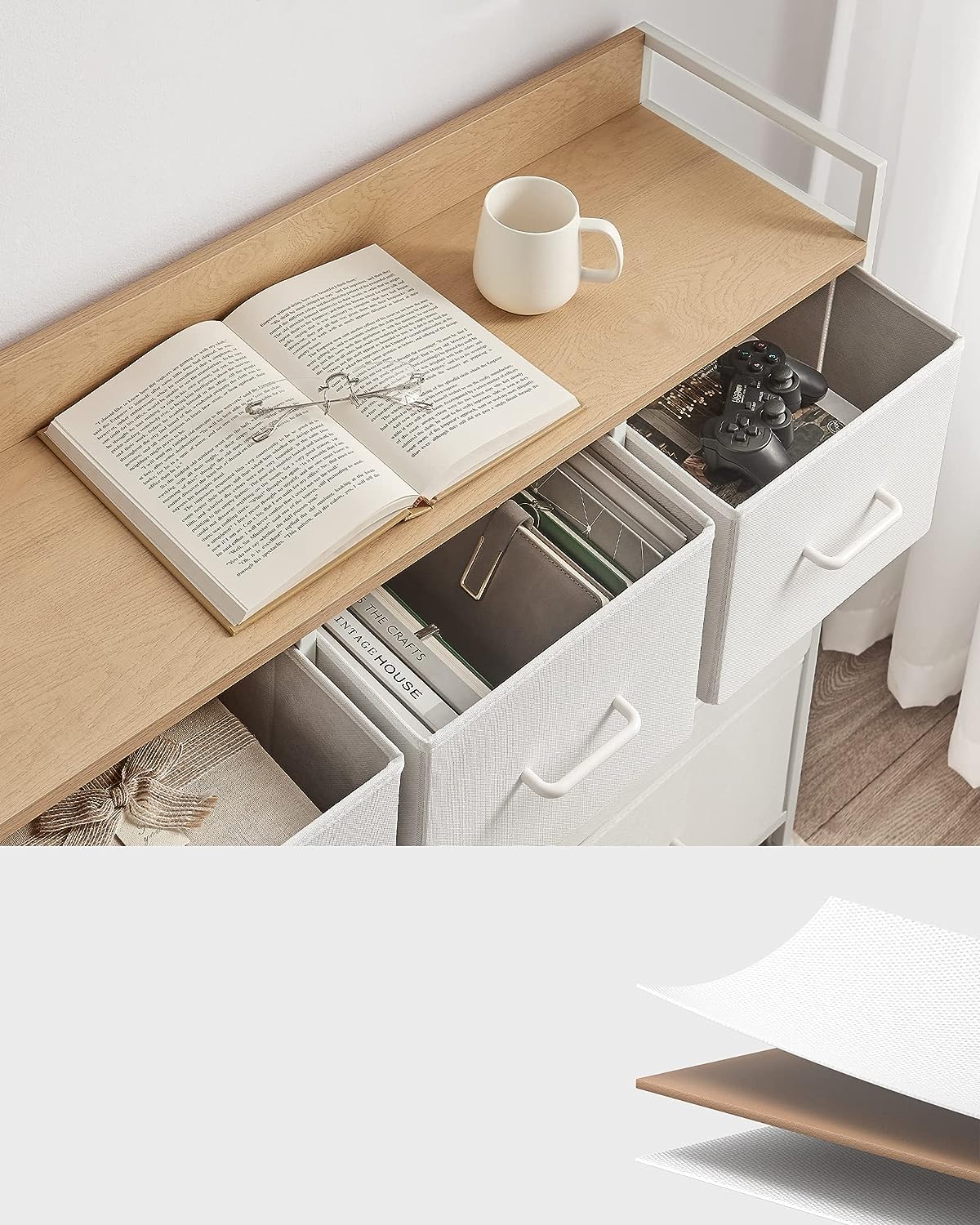 Chest of Drawers, Closet, Storage Unit, 7 Drawers in Fabric with Handles, Metal Frame, Modern Style, White and Wood Colour