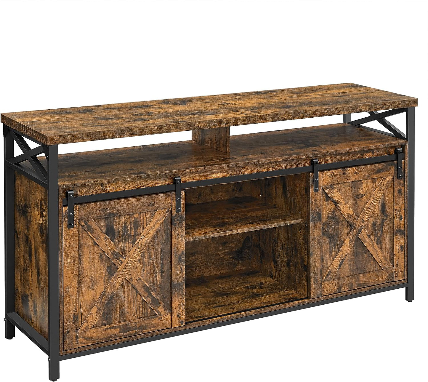 TV Cabinet, 65 Inch TV Stand, with Adjustable Shelves, Barn Doors, Farmhouse Design, Metal Frame, Rustic Brown and Black