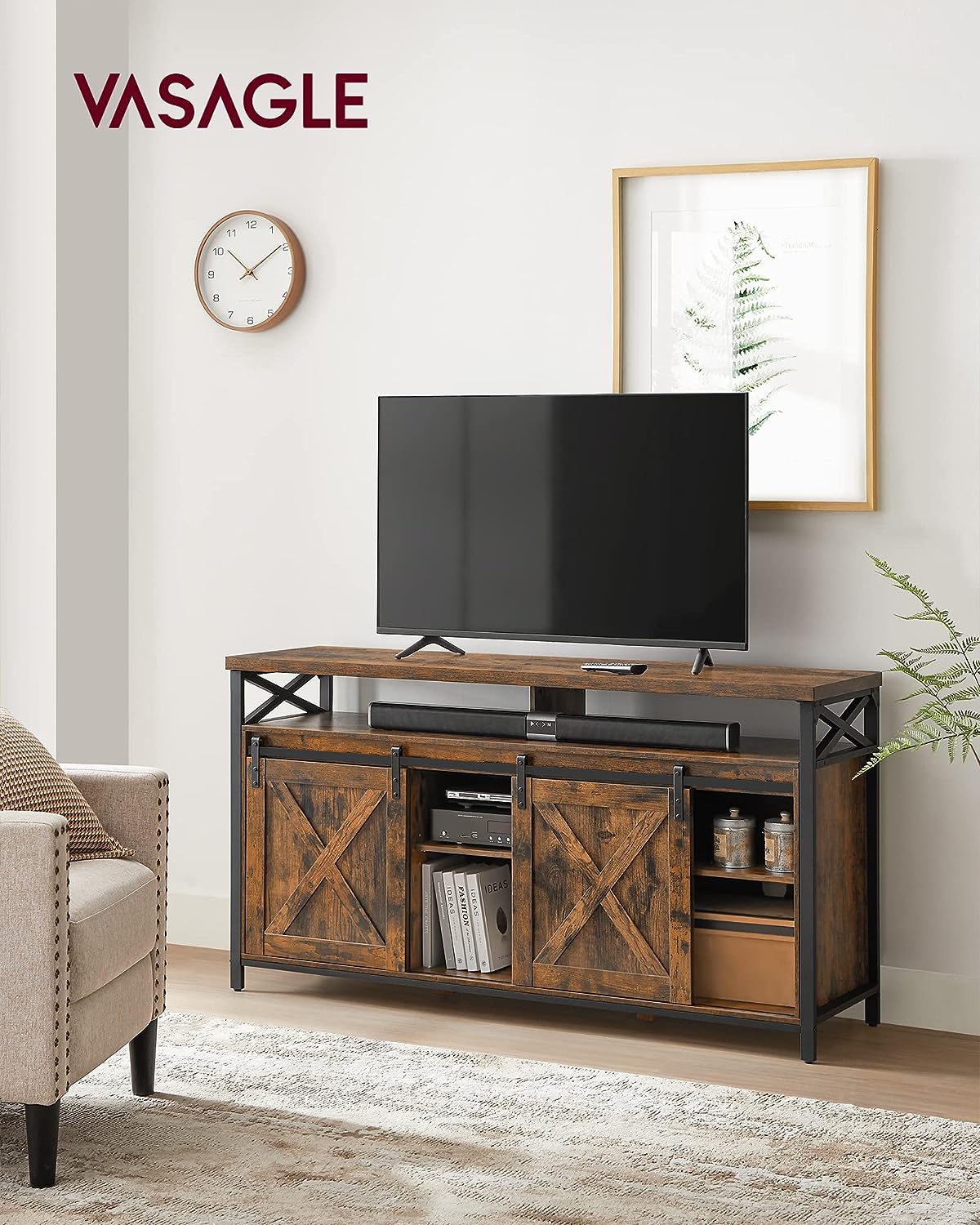 TV Cabinet, 65 Inch TV Stand, with Adjustable Shelves, Barn Doors, Farmhouse Design, Metal Frame, Rustic Brown and Black