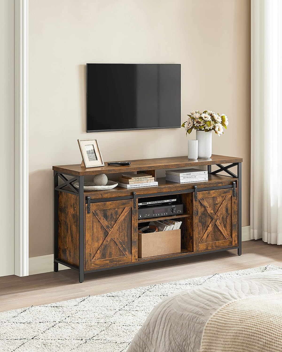 TV Cabinet, 65 Inch TV Stand, with Adjustable Shelves, Barn Doors, Farmhouse Design, Metal Frame, Rustic Brown and Black