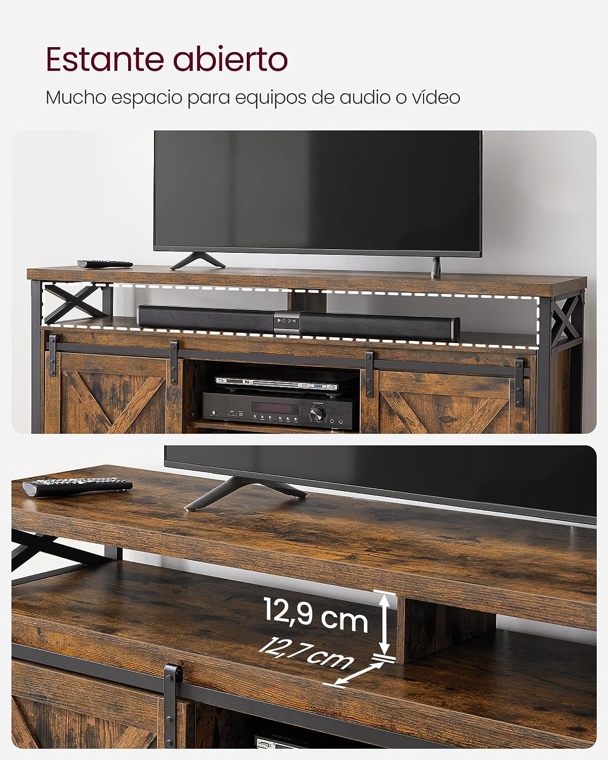 TV Cabinet, 65 Inch TV Stand, with Adjustable Shelves, Barn Doors, Farmhouse Design, Metal Frame, Rustic Brown and Black