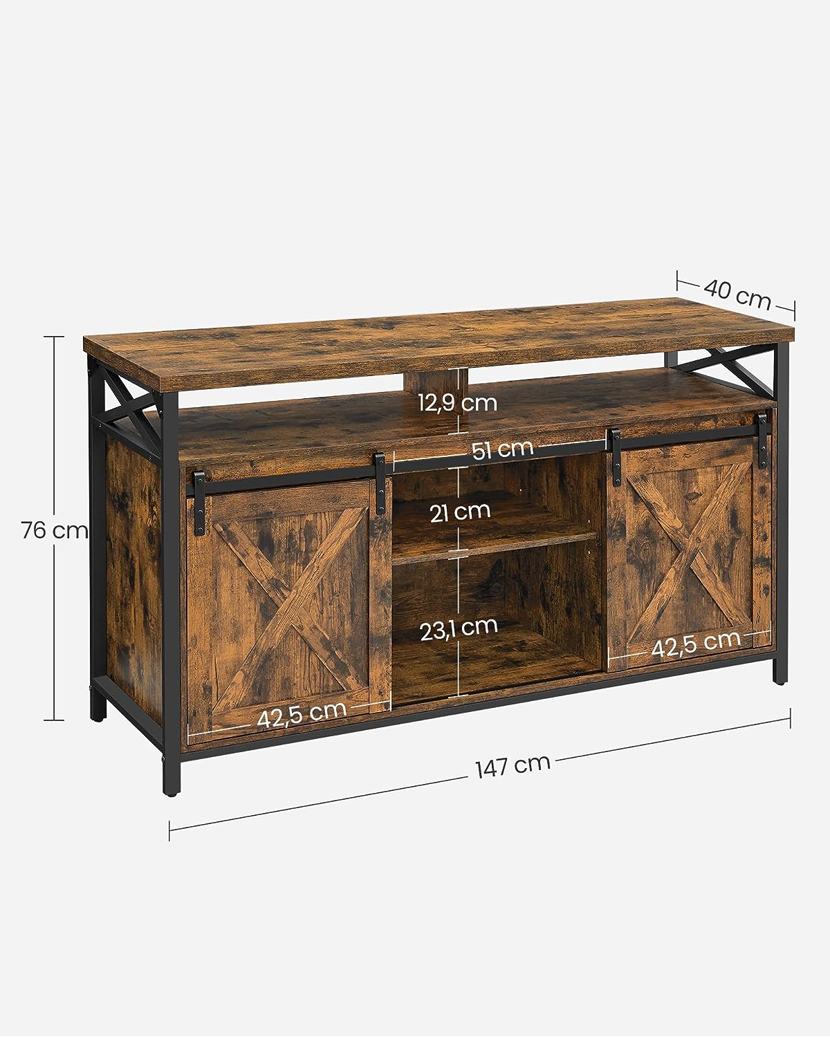 TV Cabinet, 65 Inch TV Stand, with Adjustable Shelves, Barn Doors, Farmhouse Design, Metal Frame, Rustic Brown and Black