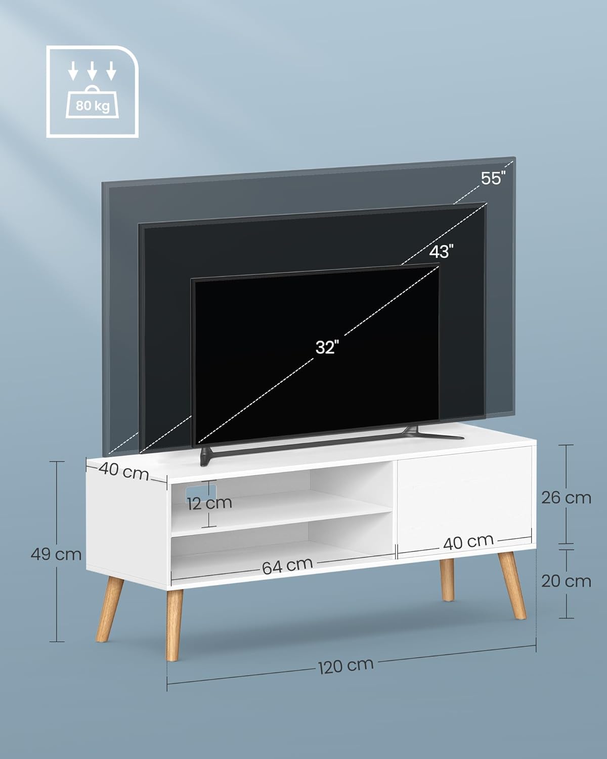 TV Cabinet Lowboard TV Cabinet for TVs up to 55 Inches 120 cm Long TV Stand for Living Room Industrial Design White