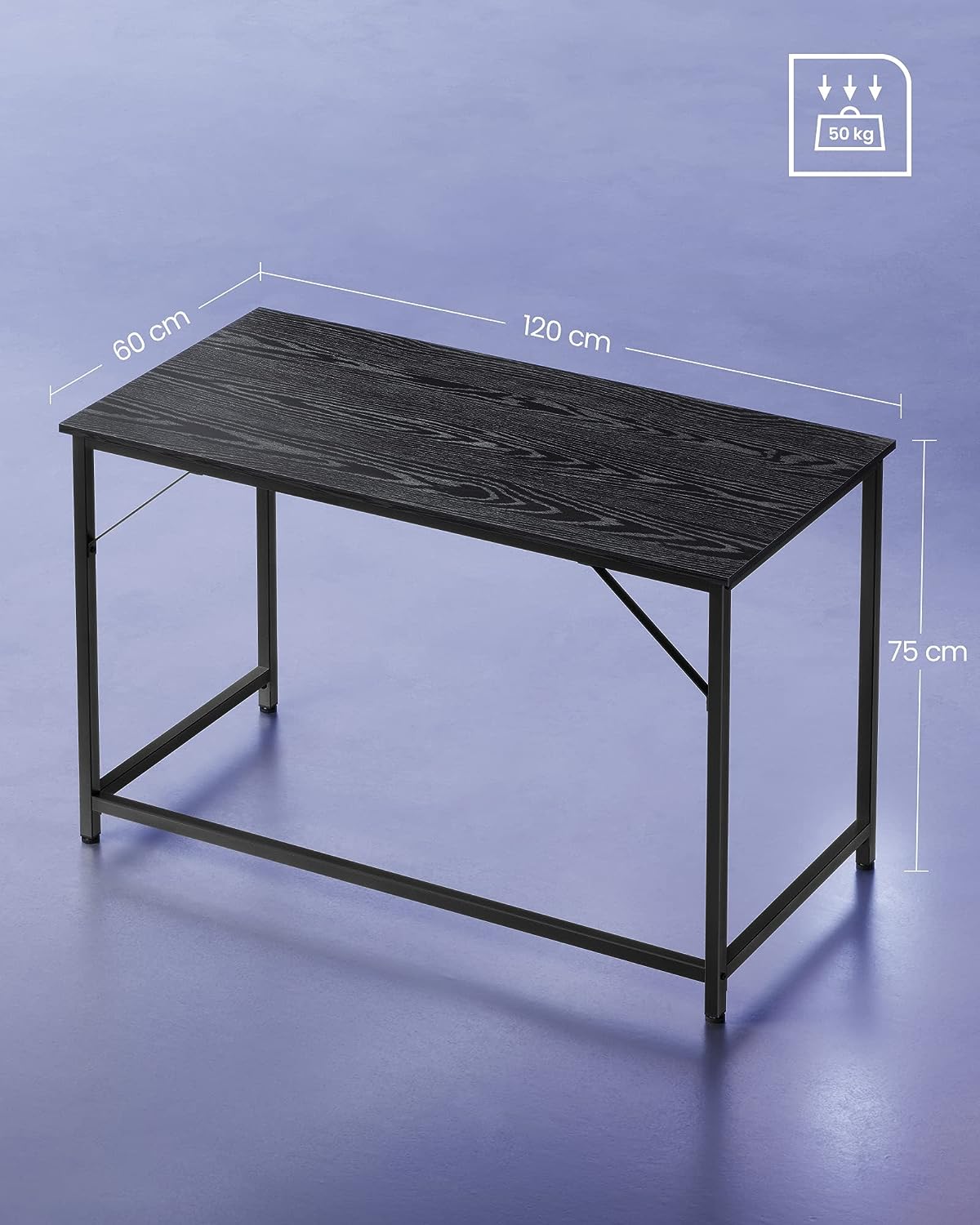 Bureau, kleine computertafel, bureautafel, voor werkkamer, slaapkamer, 60 x 120 x 75 cm, industrieel design, metalen frame, zwart