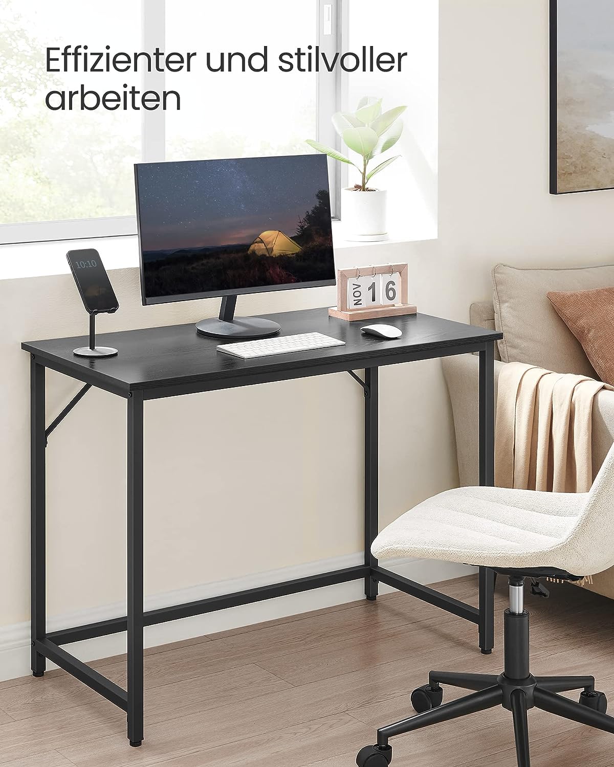 Desk, Small Computer Desk, Office Desk, for Study, Bedroom, 50 x 100 x 75 cm, Industrial Design, Metal Frame, Black