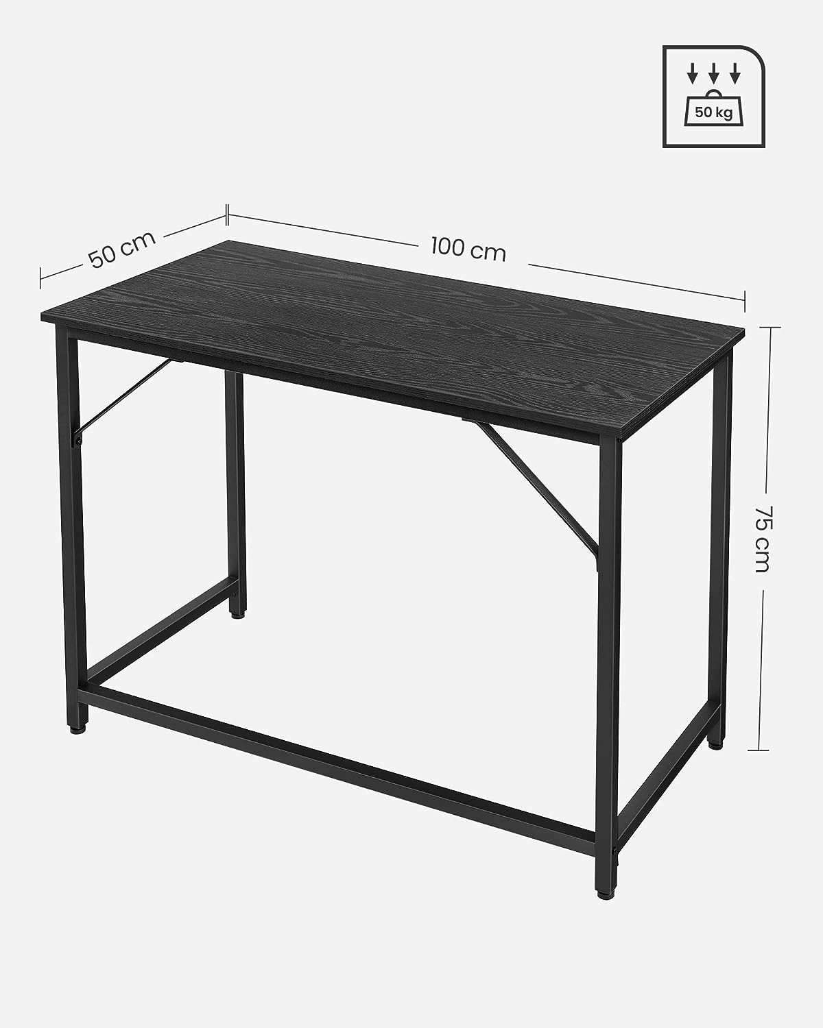 Desk, Small Computer Desk, Office Desk, for Study, Bedroom, 50 x 100 x 75 cm, Industrial Design, Metal Frame, Black