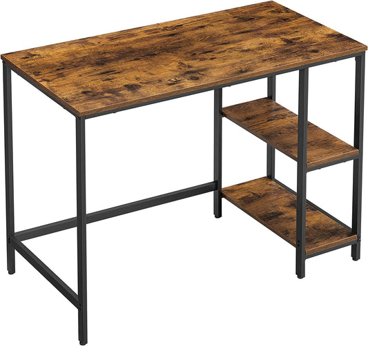 Desk Computer Desk PC Desk Office Table with 2 Shelves on Right or Left Side for Office Living Room Steel Frame Industrial Design Vintage Brown/Black