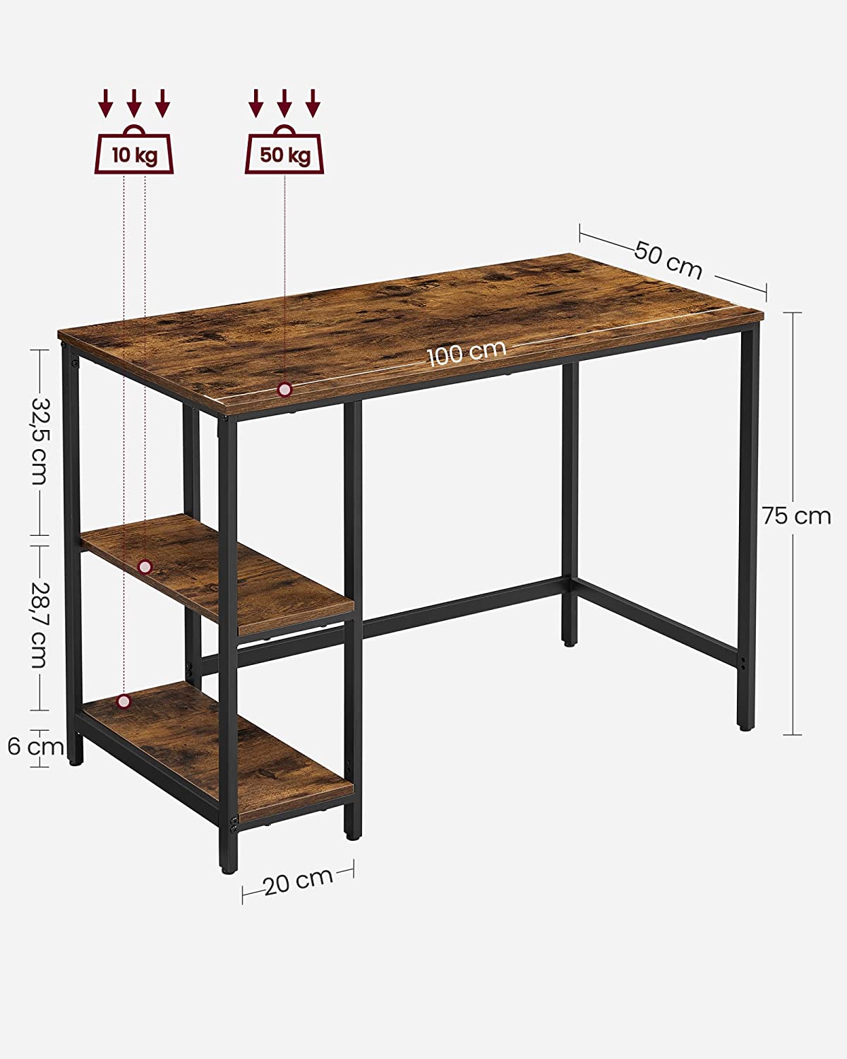 Desk Computer Desk PC Desk Office Table with 2 Shelves on Right or Left Side for Office Living Room Steel Frame Industrial Design Vintage Brown/Black